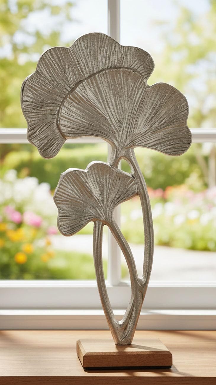 LB H&F Lilienburg Dekofigur Deko Dekofigur Dekoobjekt Frühling Frühjahr Frühlingsdeko (modern Design hinstellen Dekoobjekt Wohnzimmer Holzsockel Mangoholz Schlafzimmer Geschenk Idee Gastgeschenk Mutter Mama Geburtstag Dekoobjekt Fensterdeko, Holzdeko Tischdeko Gastgeschenk Aufsteller Tischdekoration Kommode Statue Frühling Herbst Winter Ostern innen Flur Schlafzimmer Büro Schreibtisch XL groß kreativ abstrakt Fensterbank Frühlingsdeko Frühjahr Frühjahrsdeko Blume Pflanze Bücherregal Silhouette Küche Küchendeko Regal, Alu Aluminium Holz Hochzeit Geschenk Mango edel), Figur Dekoration Baum Blatt Metall GINKO SILBER
