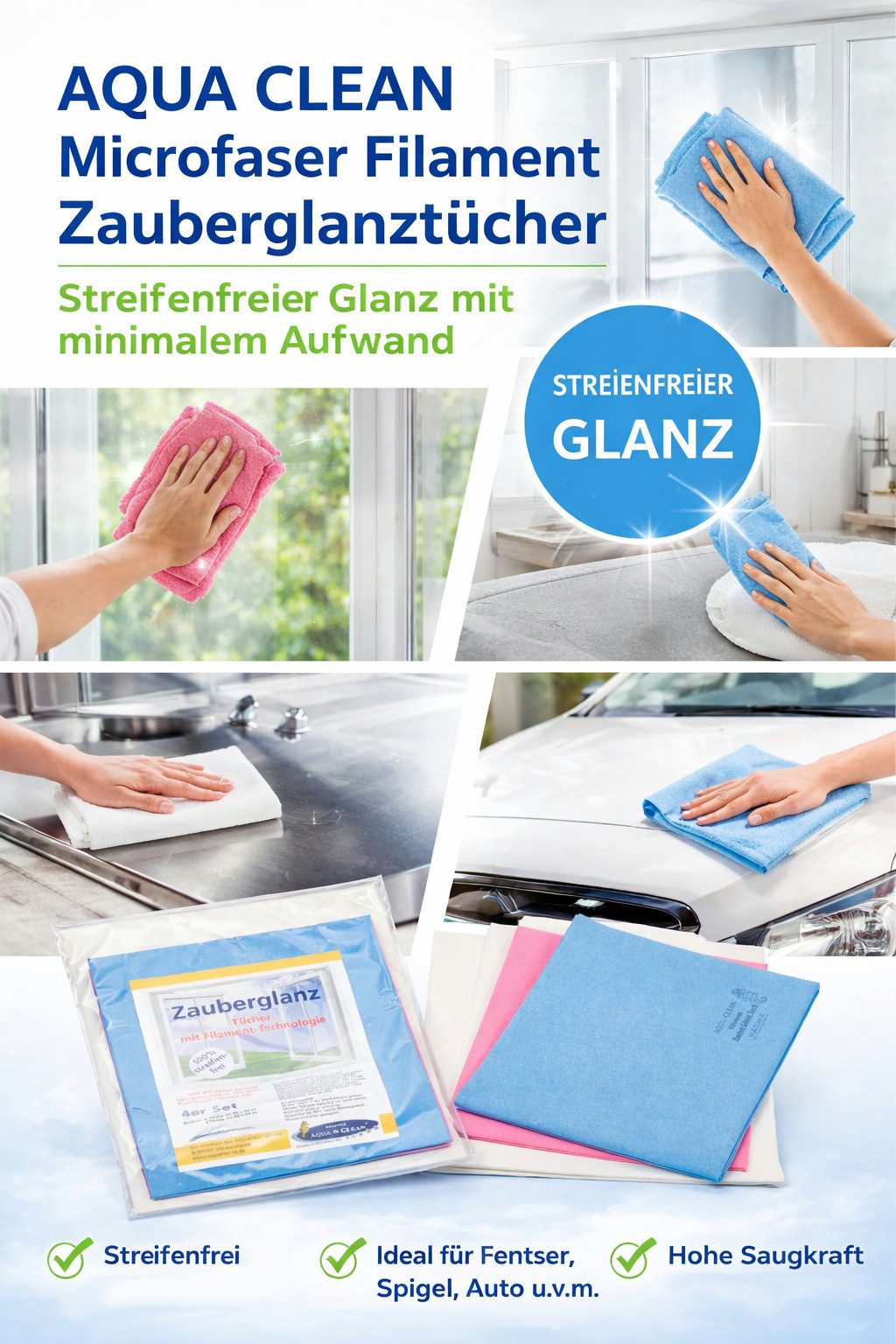 AQUA CLEAN Filament Zauberglanztücher 4er Set Mikrofasertuch (2 x 40 x 50 cm und 2 x 45 x 60 cm Filament Zauberglanztücher, Robust, langlebig und streifenfreier – Bild 3 von 5