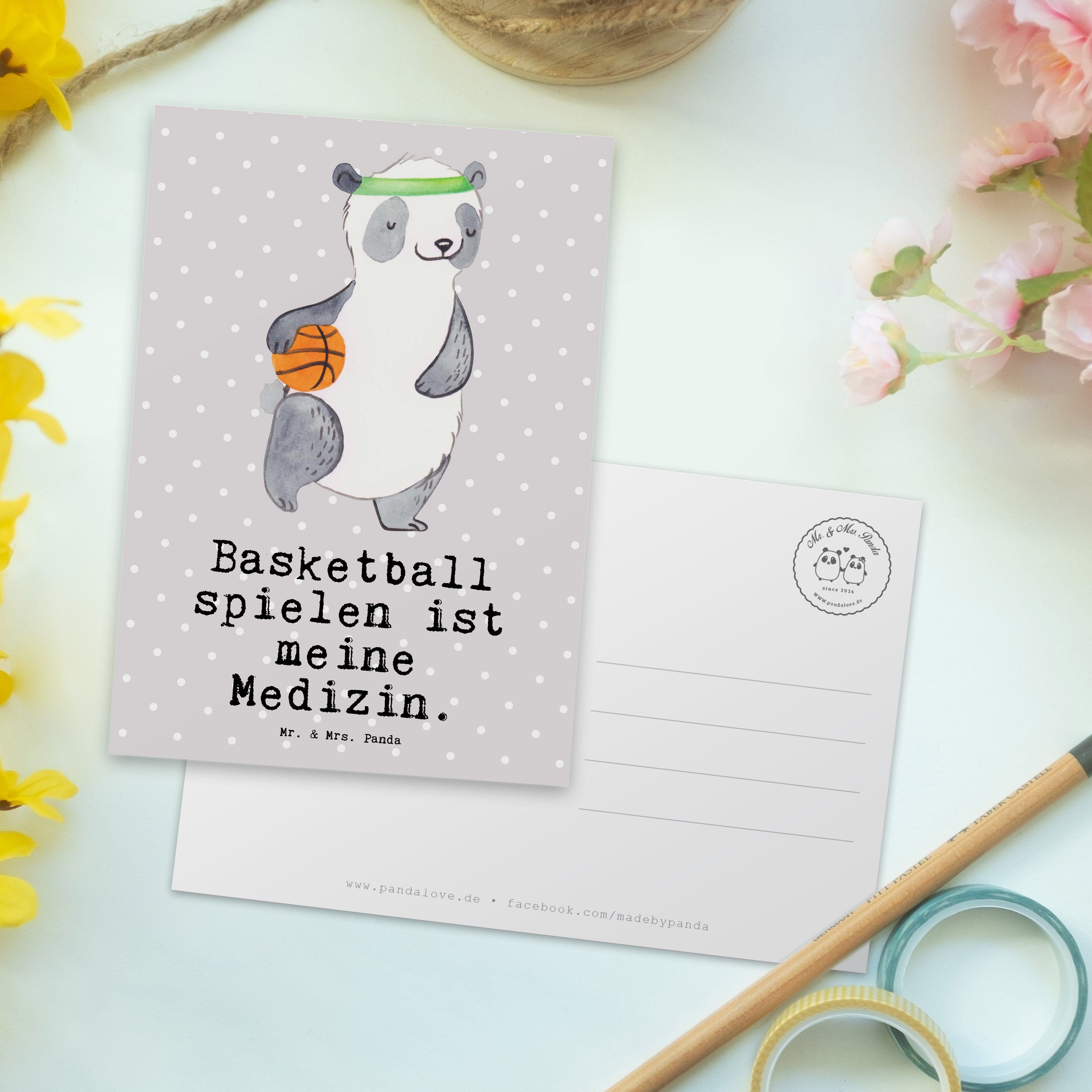 Pastell Geschenk, - & Medizin Panda Grau Dankesk Postkarte Mrs. Mr. Sportler, Basketball - Panda