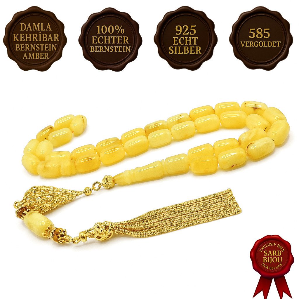 M-Punkt24 Kettenanhänger Tesbih Tespih (28 Gramm, Gebetskette, Misbah, Subha, inkl. Etui), Vizyon Püskül, 925 Echt - Silber mit 585 vergoldung