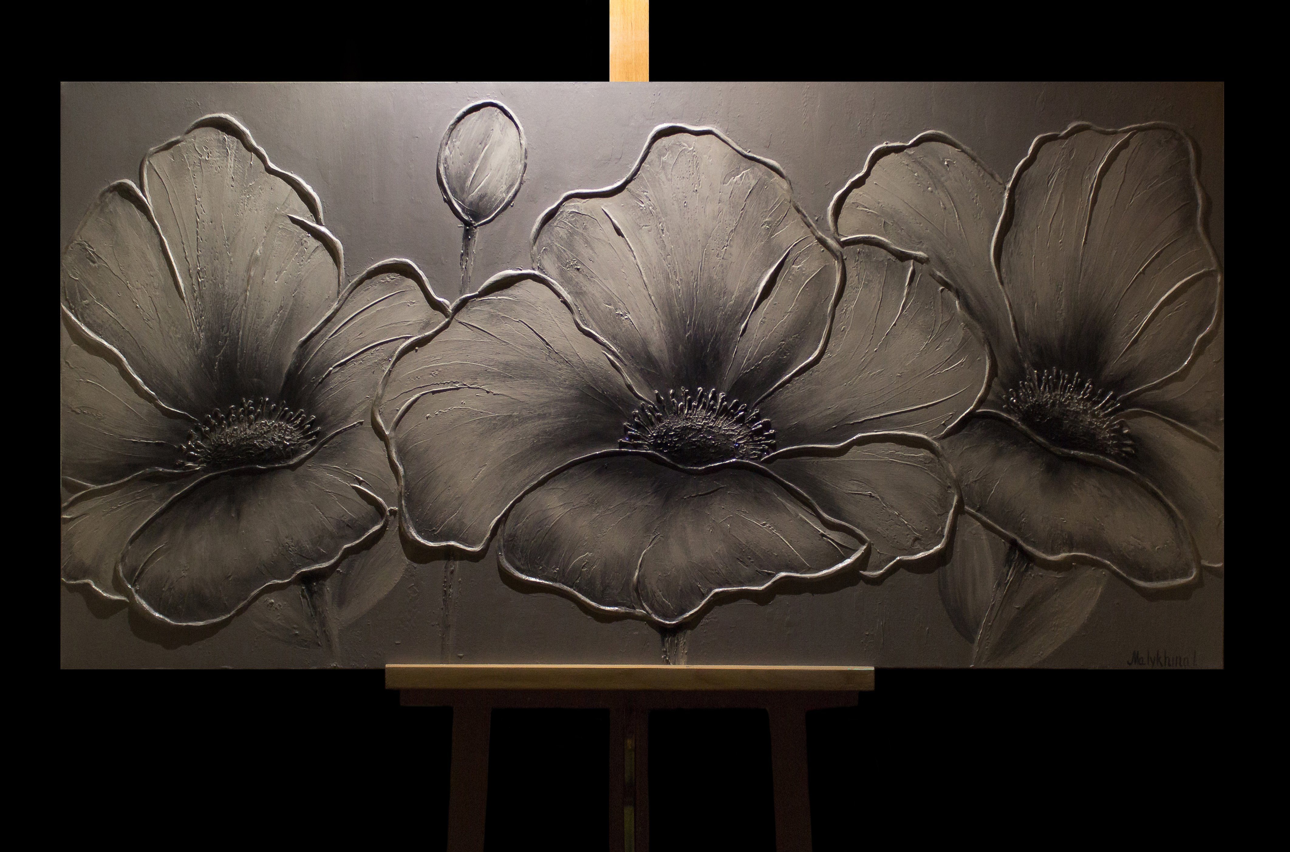 Handgemalt Blumen, Blumen, Schwarz auf Bild Weiß Leinwand YS-Art Grau Blumen Gemälde