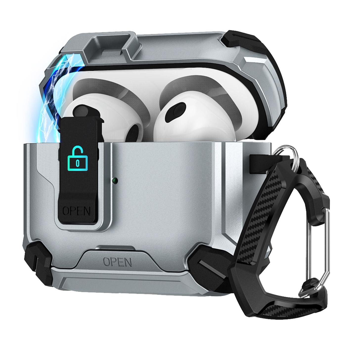 CoolGadget Kopfhörer-Schutzhülle Defender Hülle für Apple AirPods 4 magnetisch mit Karabiner, 360° Full-Body Case Schutzhülle Handy Standfunktion magnetisch ladbar