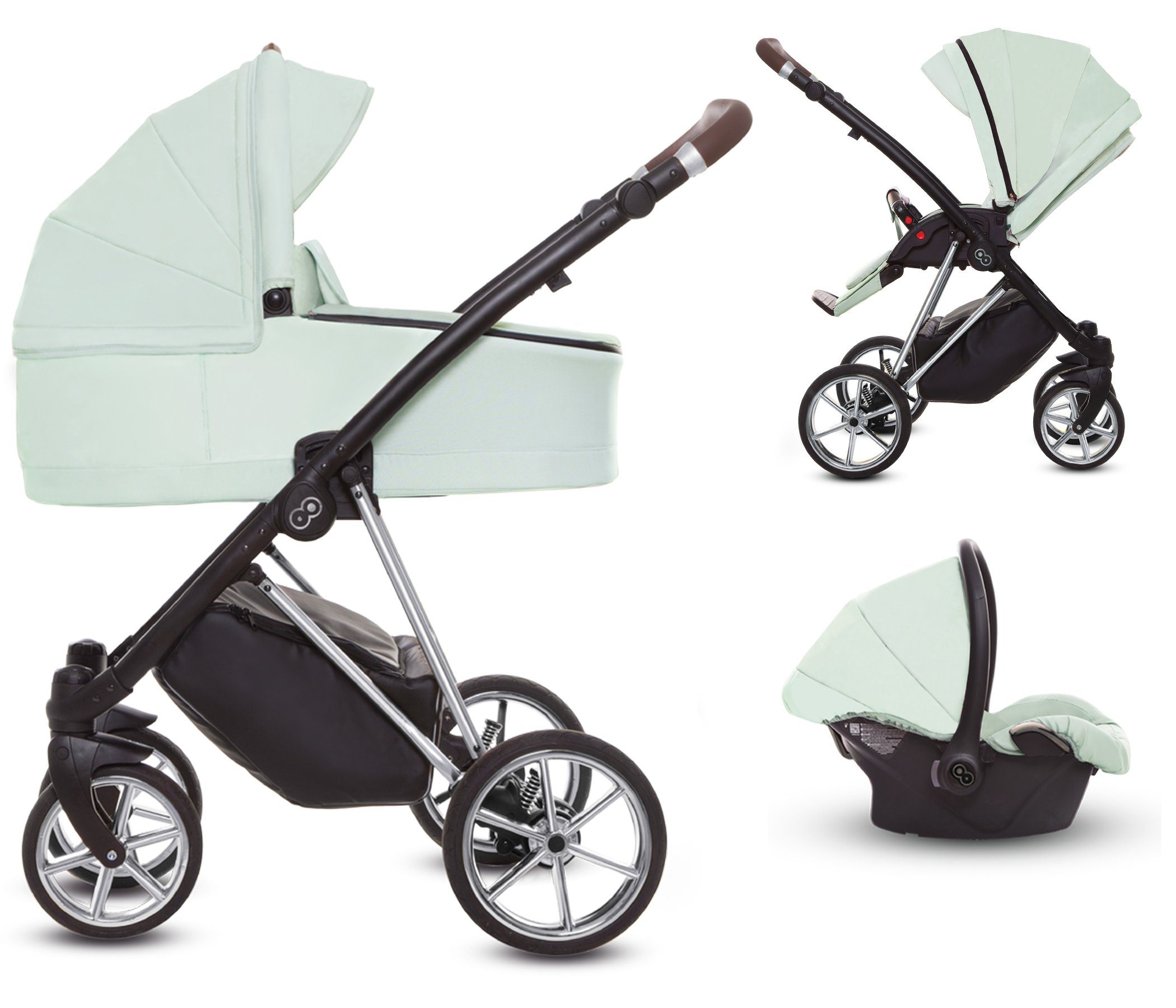 TPFFamily Kombi-Kinderwagen 3 in 1 Musse Ultra, Baby Buggy Babywanne Autositz, großes Zubehör-Set Kinderwagen 3 in 1 Stoff Mint, Gestell Silber