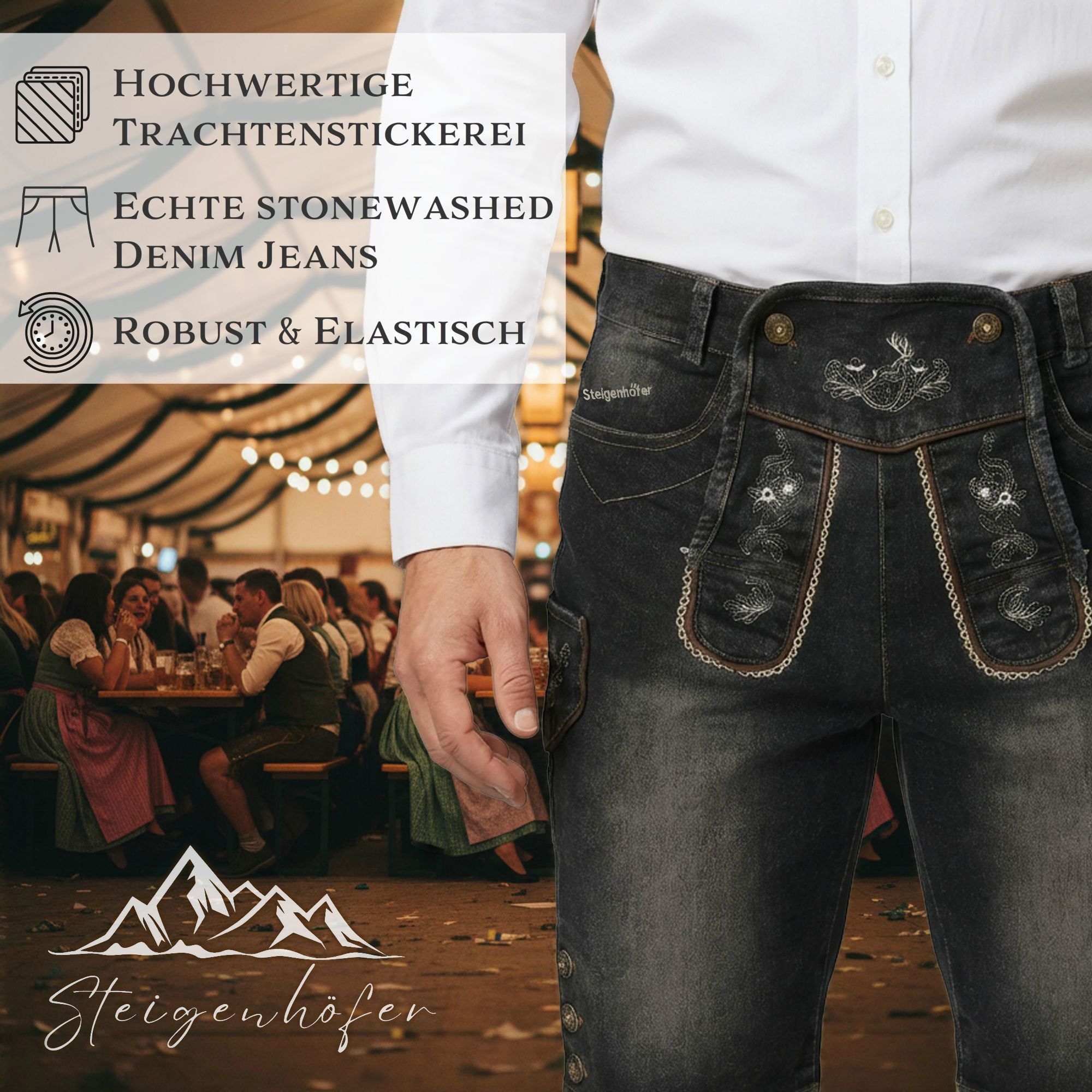 Steigenhöfer Manufaktur Trachtenjeans Herren im Lederhosen Look - Leonard - Stonewashed Stretch Denim Trachtenlatz mit Knopfleiste - Kurze Jeans - Oktoberfest Outfit