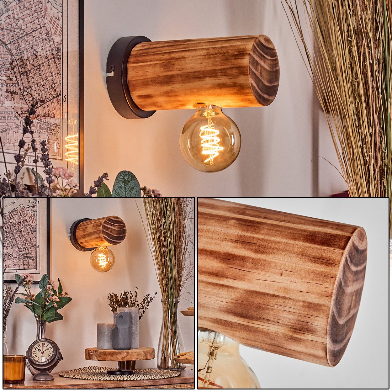 hofstein Wandleuchte Wandlampe aus Metall/Holz in Schwarz/Dunkelbraun, ohne Leuchtmittel, Leuchte im modernen / skandinavischen Design mit Holzbalken, E27
