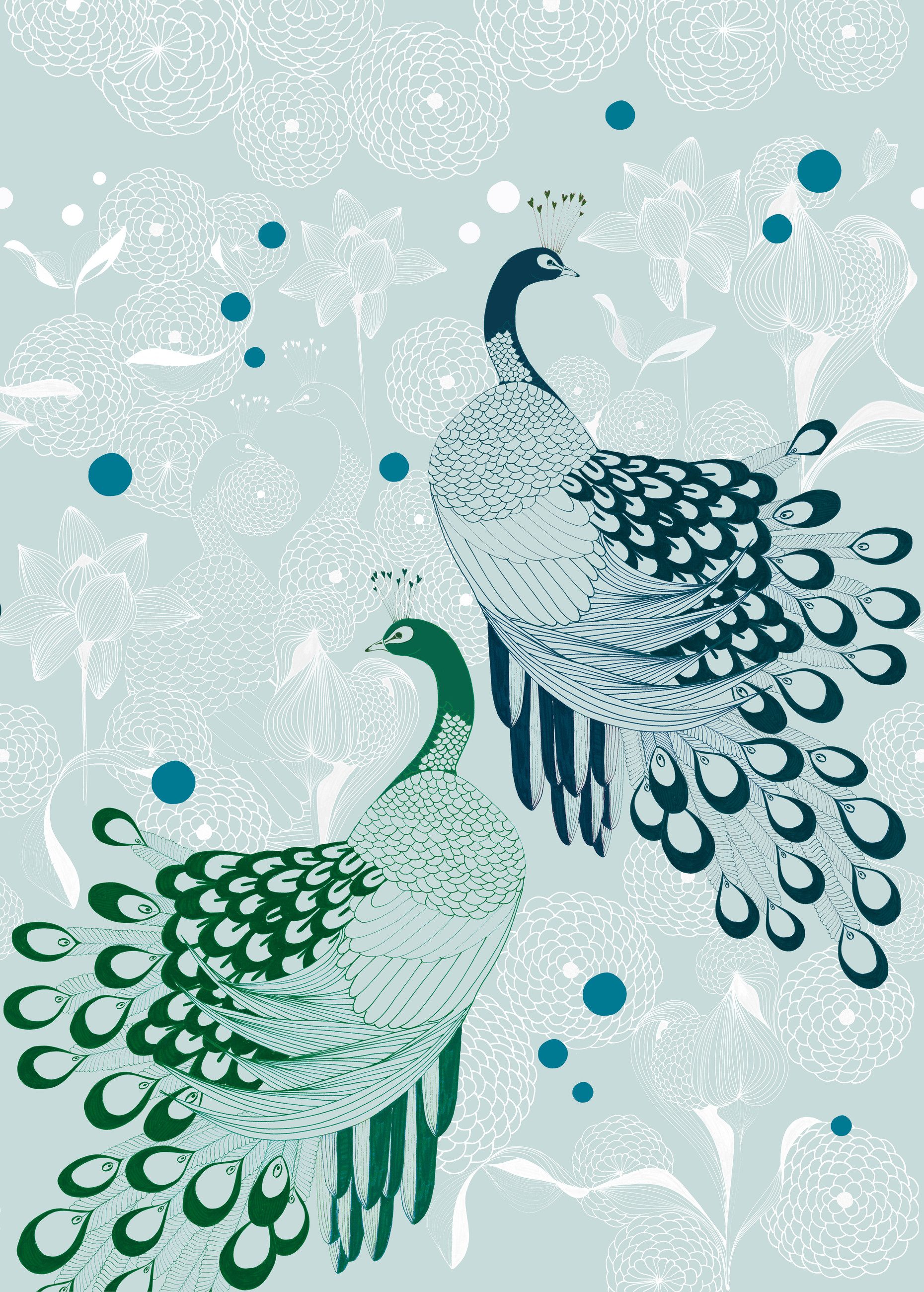 Rasch Fototapete Vogel Pfau - Vliestapete Blau Grün, bedruckt, (1 Rolle, 1 St., 2,8 m x 2 m), Lichtbeständige Farben - Feucht abwischbar - Restlost abziehbar
