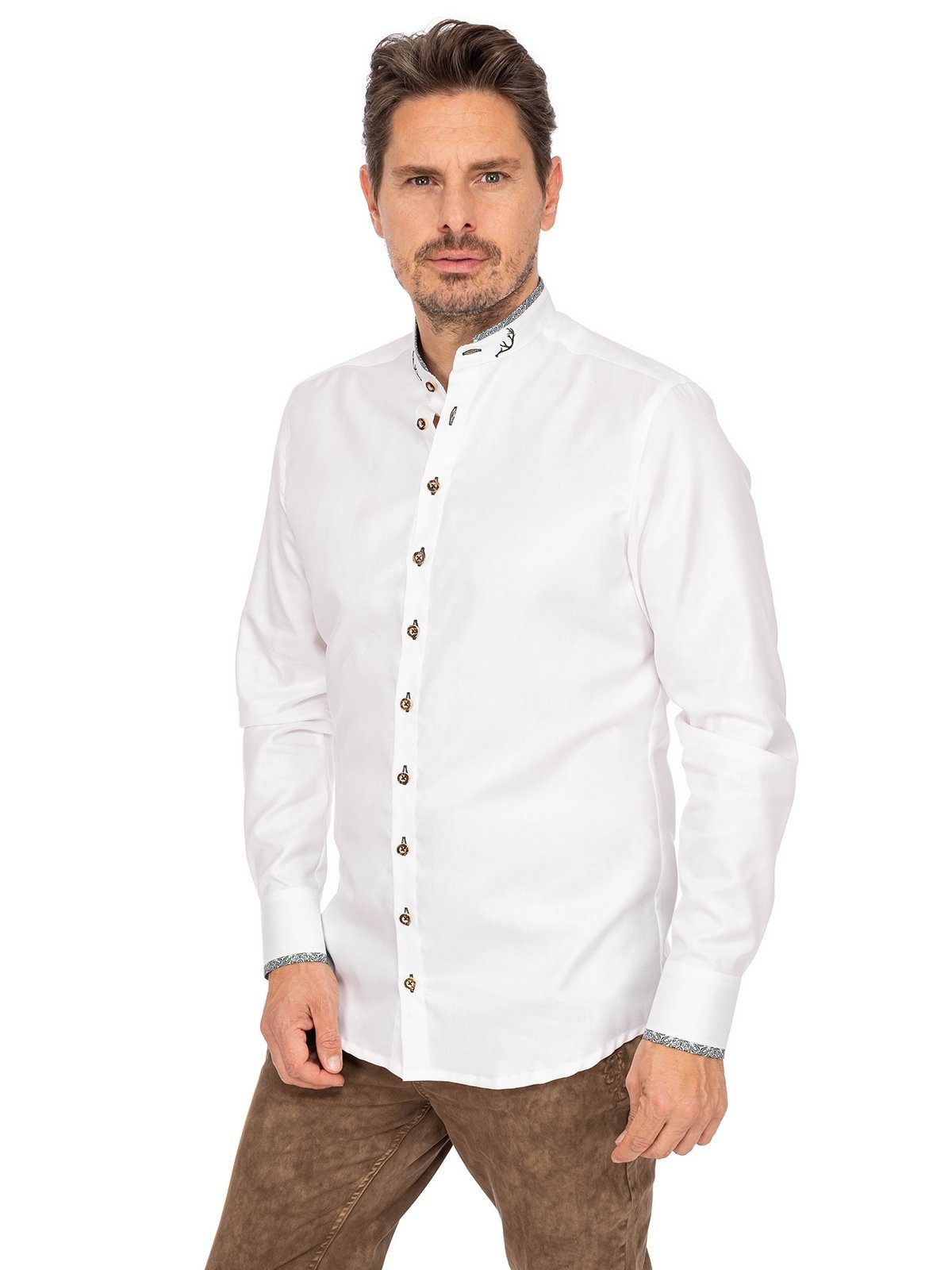Gipfelstürmer Trachtenhemd oliv weiß Stehkragen Hemd 420000-4246-155 Fi (Slim