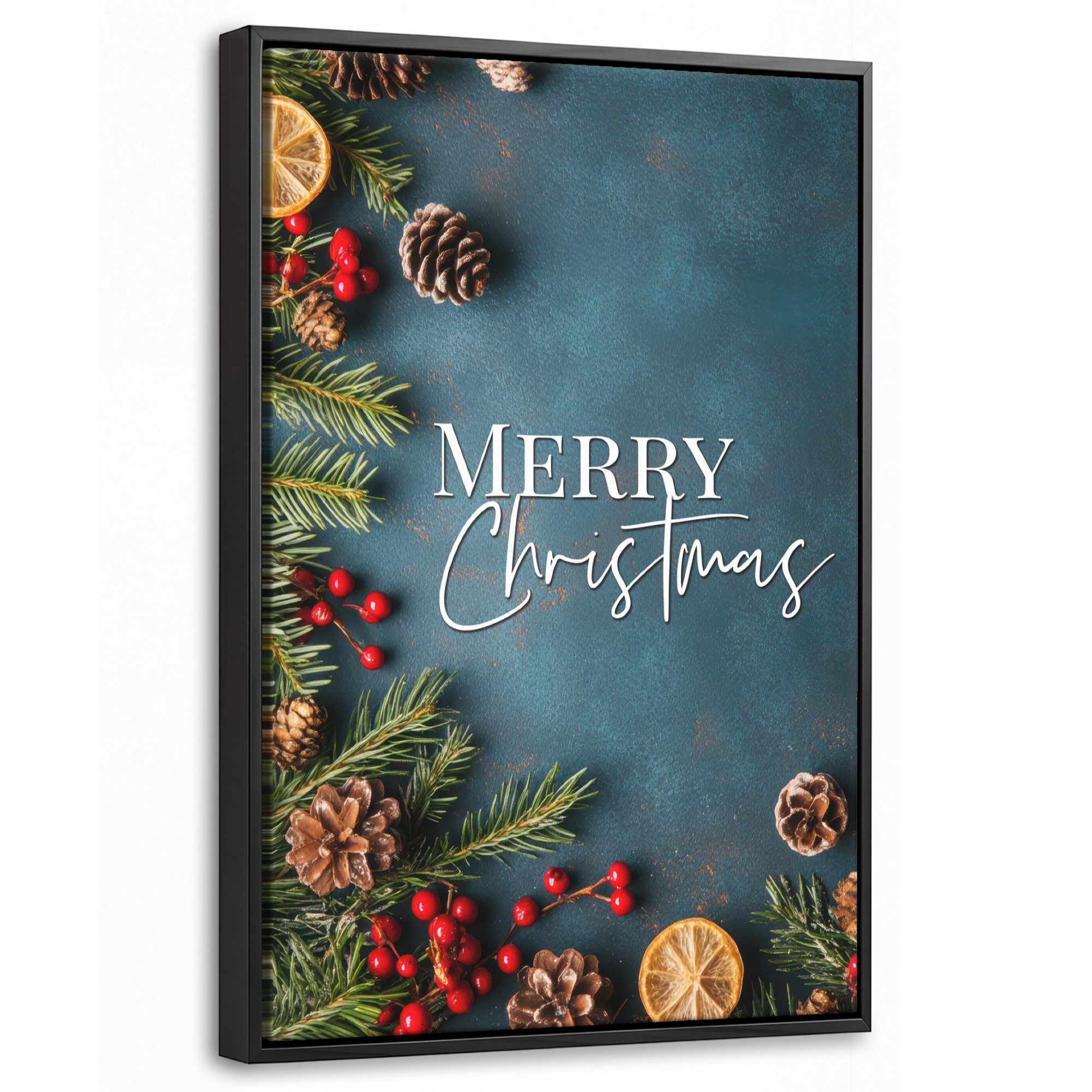 OneMillionCanvasses® Leinwandbild mit Rahmen - Frohe Weihnachten - Blau - Weihnachten - Winter, Fotodruck (1 St), Deko für Wohnzimmer Schlafzimmer Küche 20x30cm