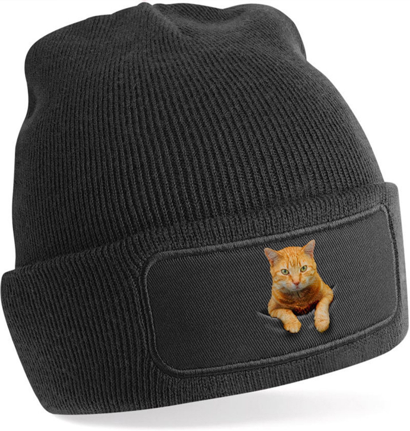 MyDesign24 Strickmütze für kalte Tage - Beanie mit Umschlag und stylischem Katzen Print Katzen Mütze Wintermütze für Männer, Frauen, Jungen und Mädchen i109