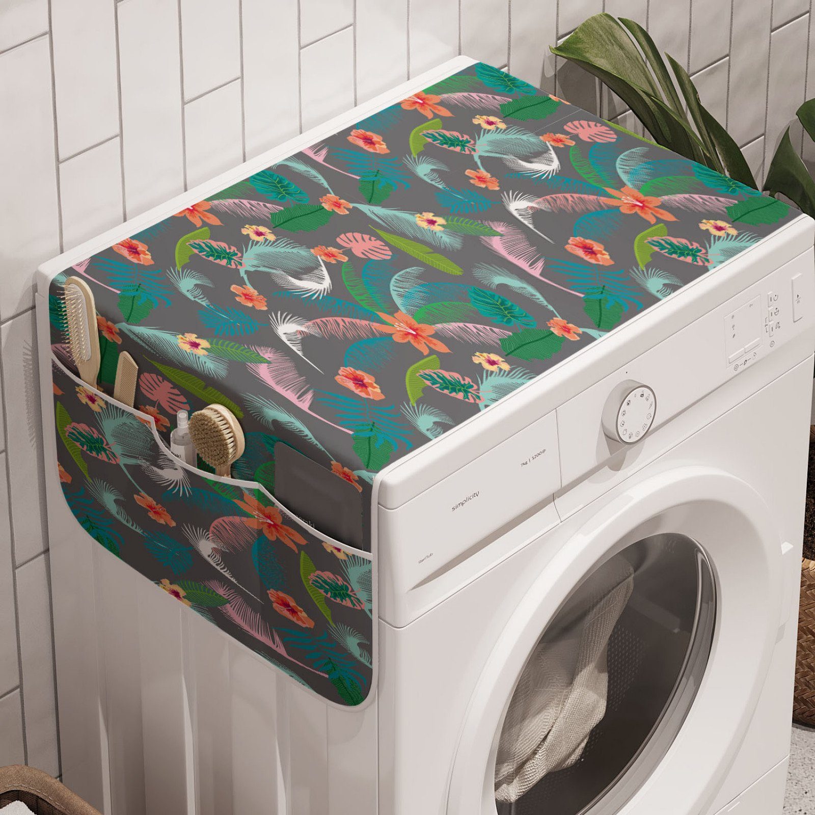Abakuhaus Badorganizer Anti-Rutsch-Stoffabdeckung für Waschmaschine und Trockner, Blumen Pastell Stil Bananenblättern