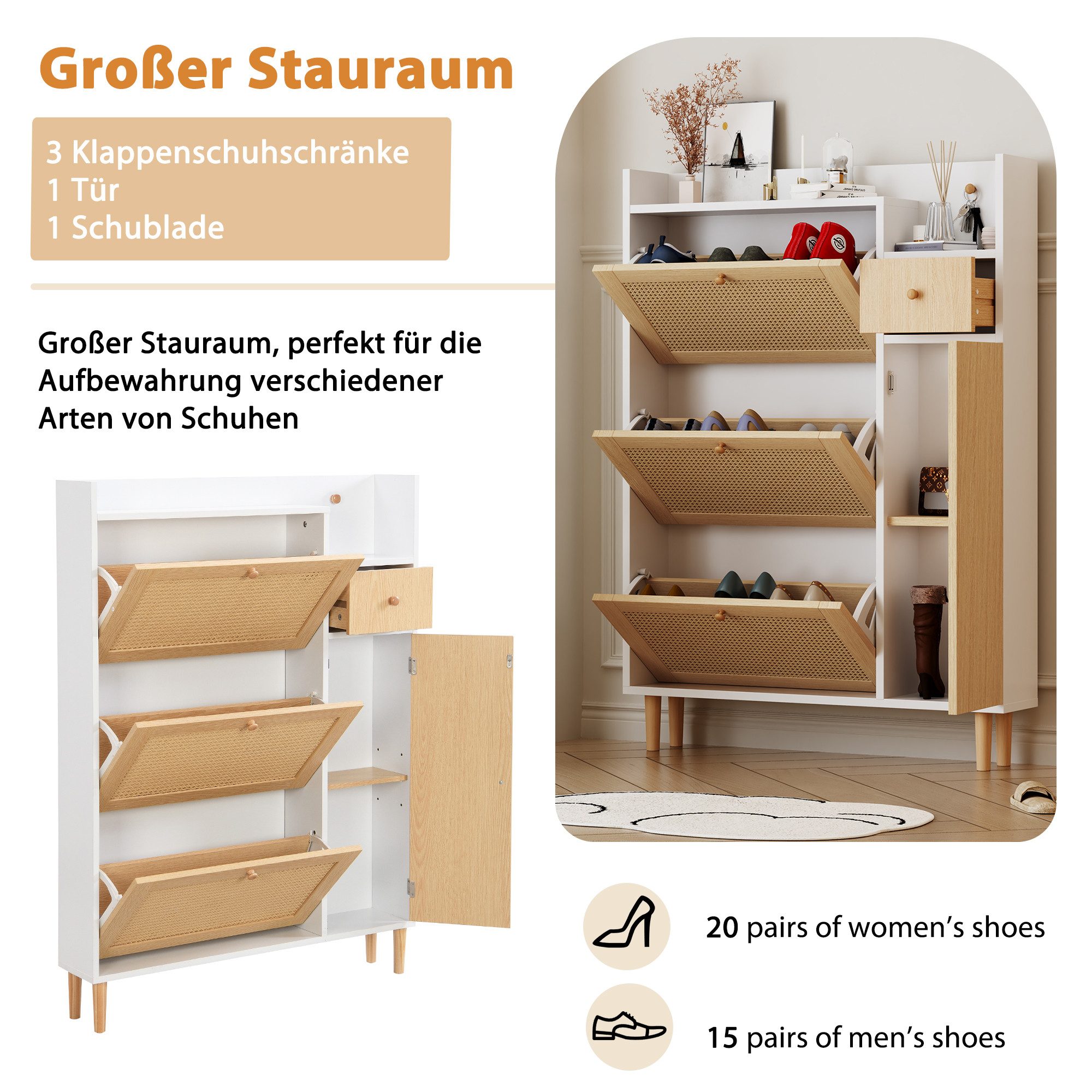Merax Schuhschrank mit Rattandekor mit 3 Klappen, Tür und Schublade,Sideboard,Schuhkipper – Bild 2 von 5