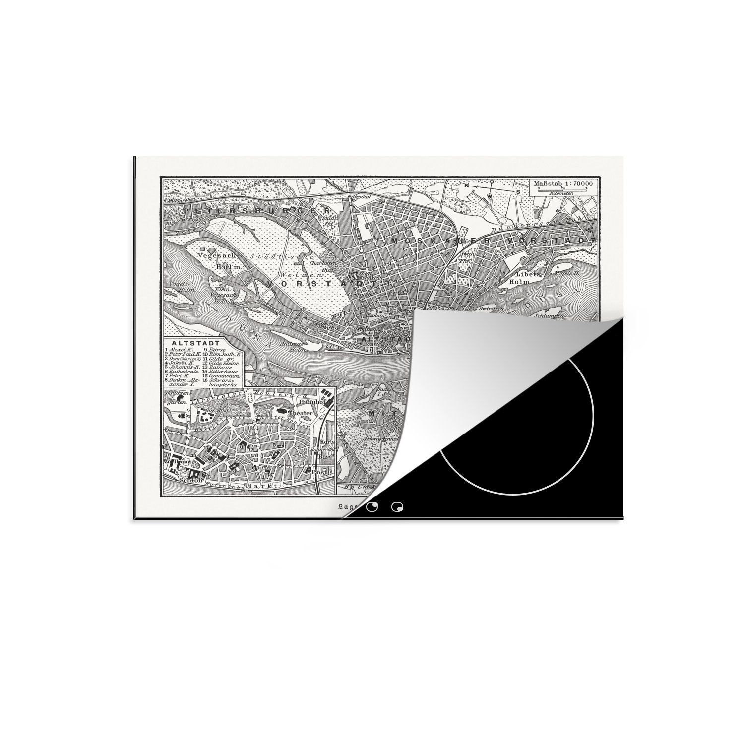 MuchoWow Herdblende-/Abdeckplatte Ein historischer Stadtplan von Riga in Lettland, Vinyl, (1 tlg), 60x52 cm, Mobile Arbeitsfläche nutzbar, Ceranfeldabdeckung