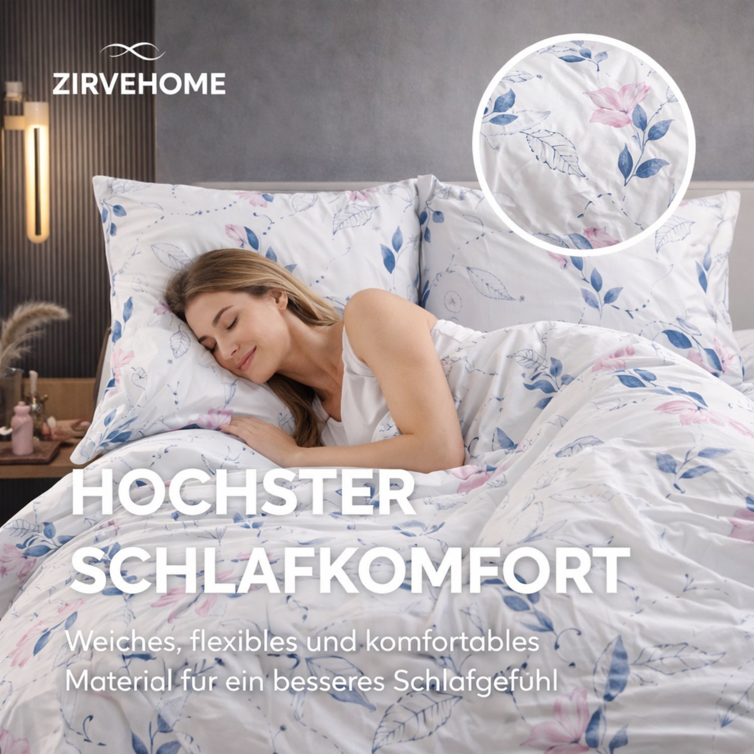 ZIRVEHOME Bettwäsche Baumwolle Bettwäsche-Set Weiß Bettbezug rosa-blauem Floralmuster, Renforce, 3 teilig, Baumwolle Bettbezug Weiß mit Blumenmuster Rosa Blau – Bild 3 von 5