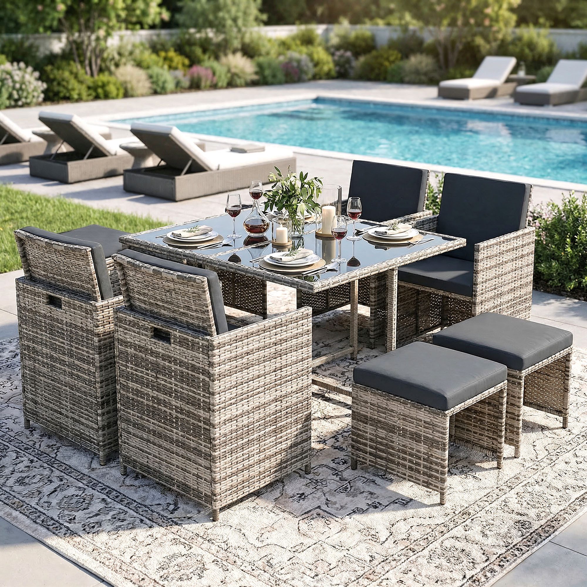 Swing&Harmonie Garten-Essgruppe Poly Rattan Sitzgruppe Esstisch Lounge Gartenmöbel, (Sitzgarnitur, Tisch, Stühle, Hocker Garnitur Set), Esstisch mit Stühlen Garten