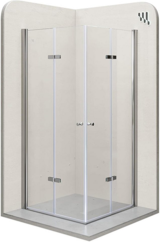 i-flair Eckdusche Falttür Duschkabine EMMA aus durchsichtigem 6 mm Sicherheitsglas, BxT: 80x80 cm, Einscheibensicherheitsglas, ohne Duschtasse, mit hochwertigen Aluminiumprofilen in silber, ebenerdiger Einbau möglich, mit Falttüren