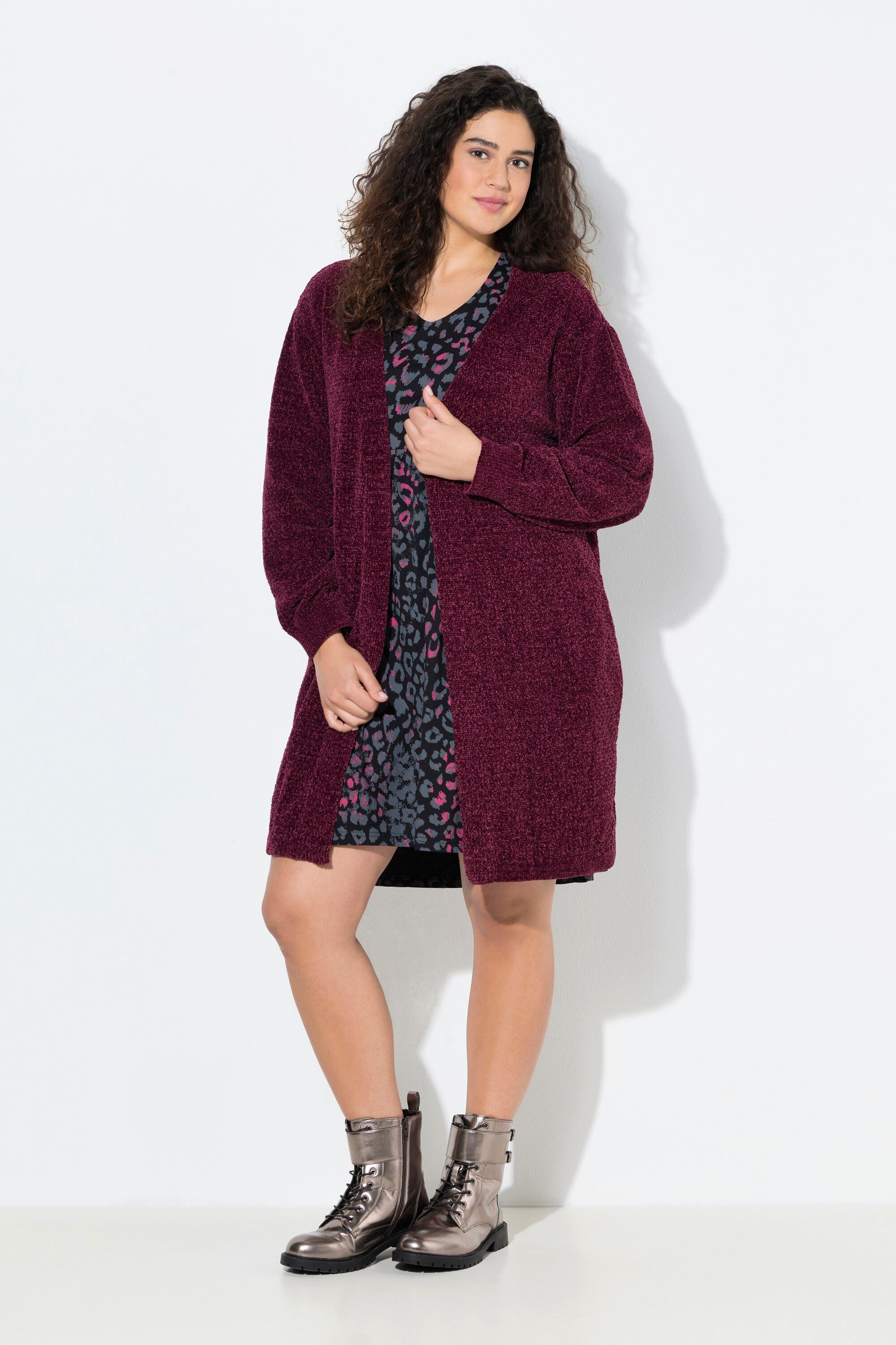 Ulla Popken Strickjacke Chenille-Strickjacke V-Ausschnitt offene Form