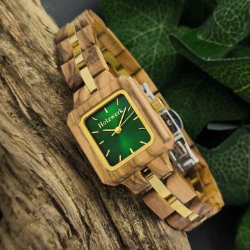 Holzwerk Quarzuhr NEUSS kleine Damen Holz Armband Uhr in ahorn beige, gold & grün