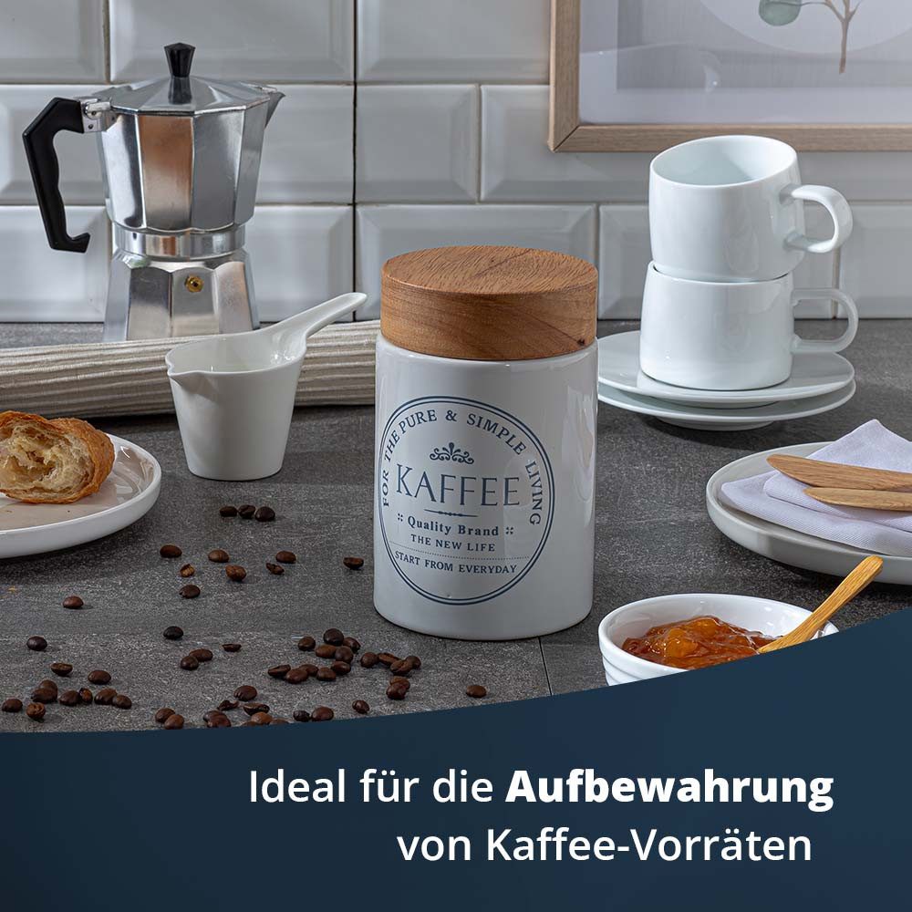 KHG Vorratsdose für Kaffee aus Steinzeug mit Akazienholz‑Deckel – im Landhausstil, Steingut, Aufbewahrungsdose für Kaffee schützt Aroma da luftdicht verschließbar