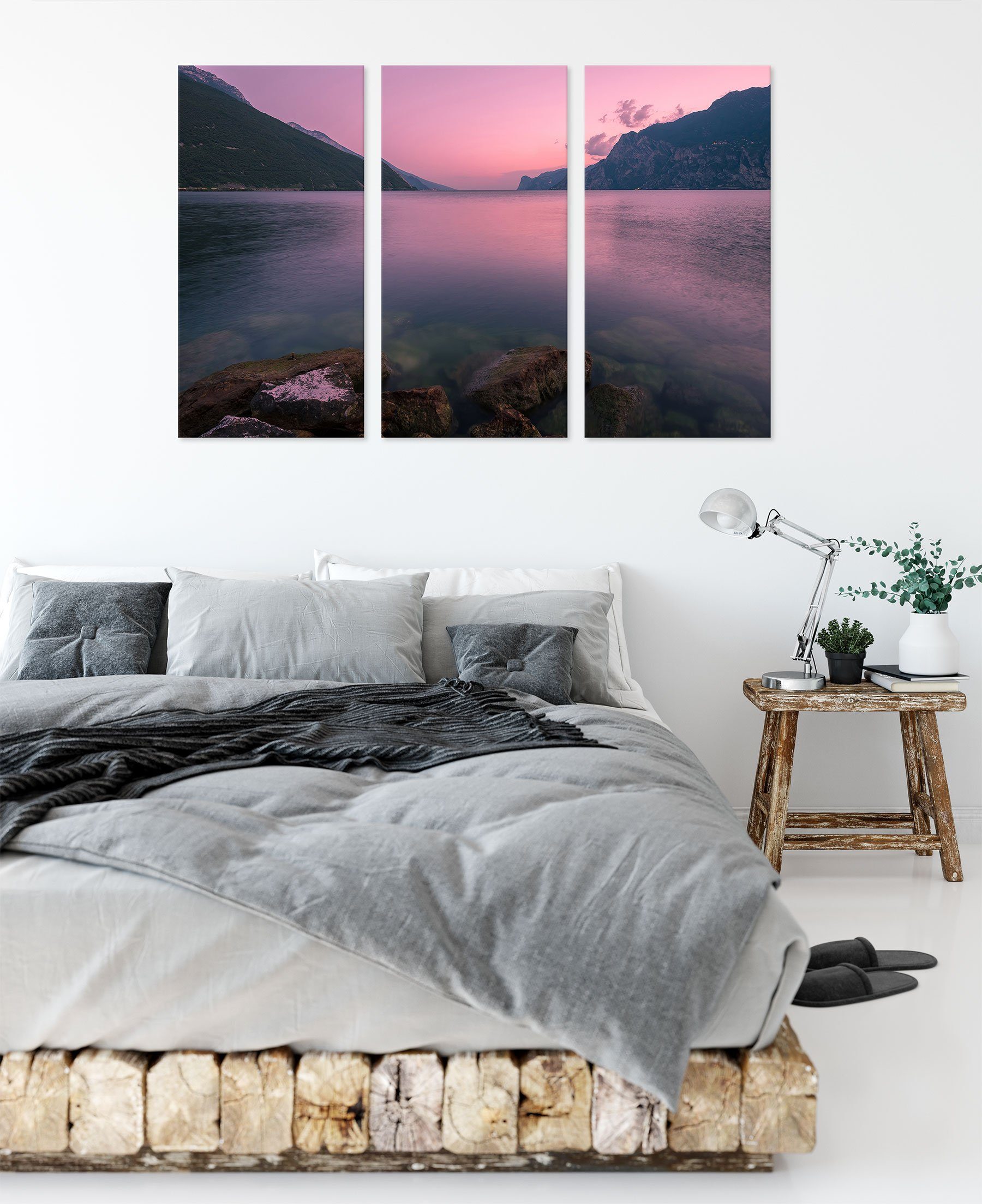 (120x80cm) (1 in fertig inkl. Leinwandbild Zackenaufhänger in Gardasee bespannt, Italien, Pixxprint St), Leinwandbild Italien Gardasee 3Teiler