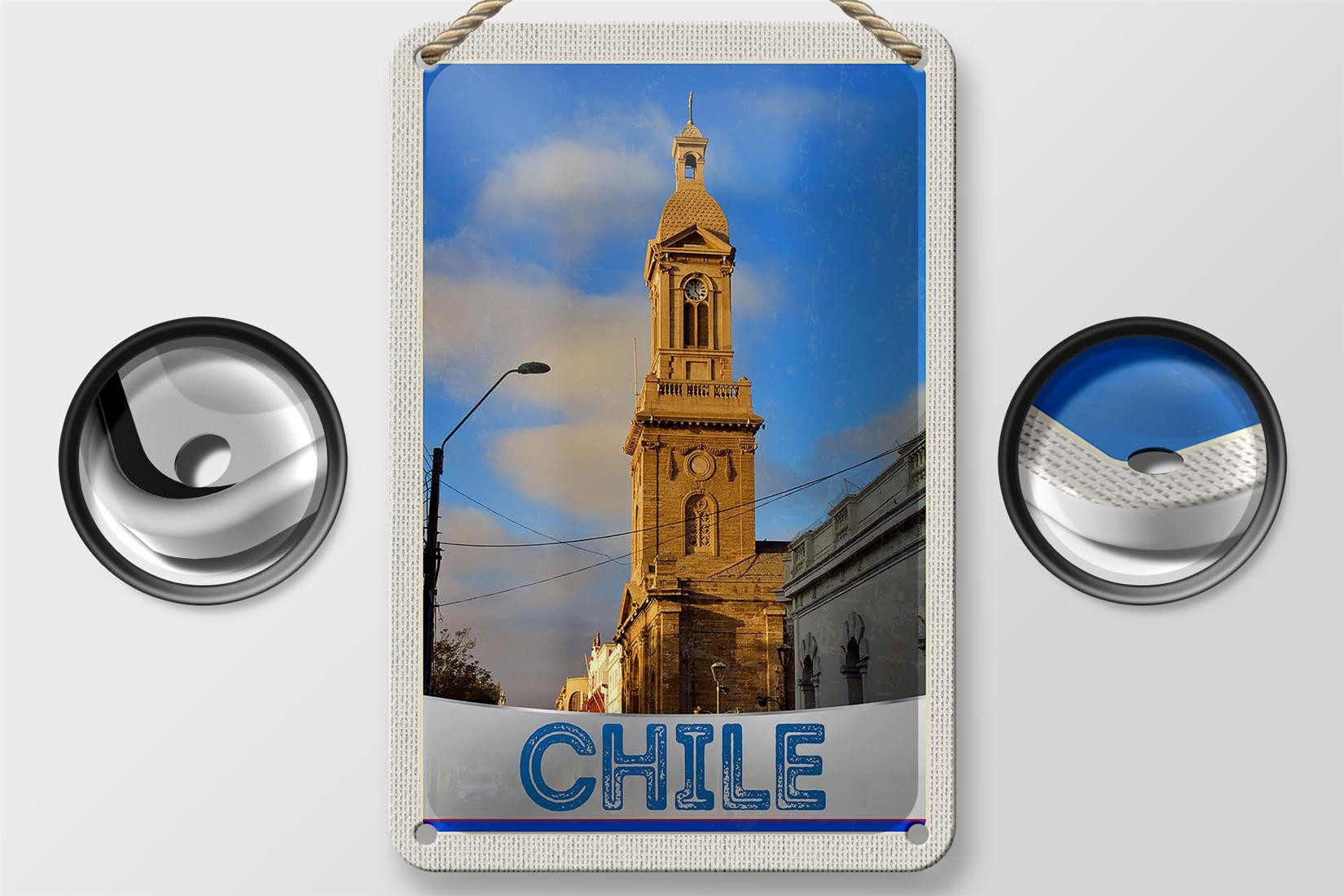 Femer GmbH Metallschild Reise 12x18cm Chile Stadt Architektur Europa Schild, (1 St), gewölbte Oberfläche, abgerundete Ecken, umgeschlagene Kanten