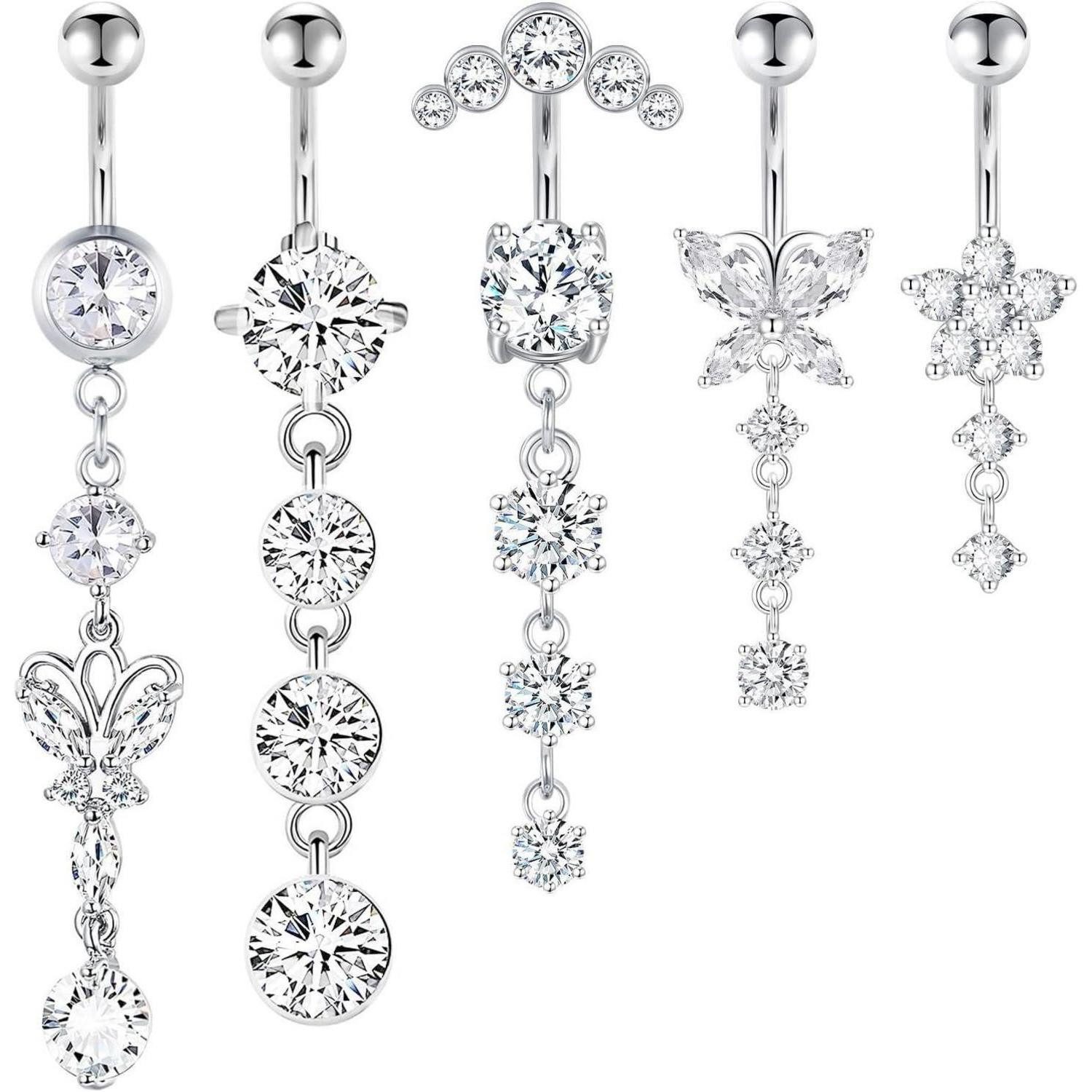 CharmBurst Bauchnabelpiercing-Set 5er Set Bauchnabelpiercing Chirurgenstahl Zirkonia Silber Belly Button