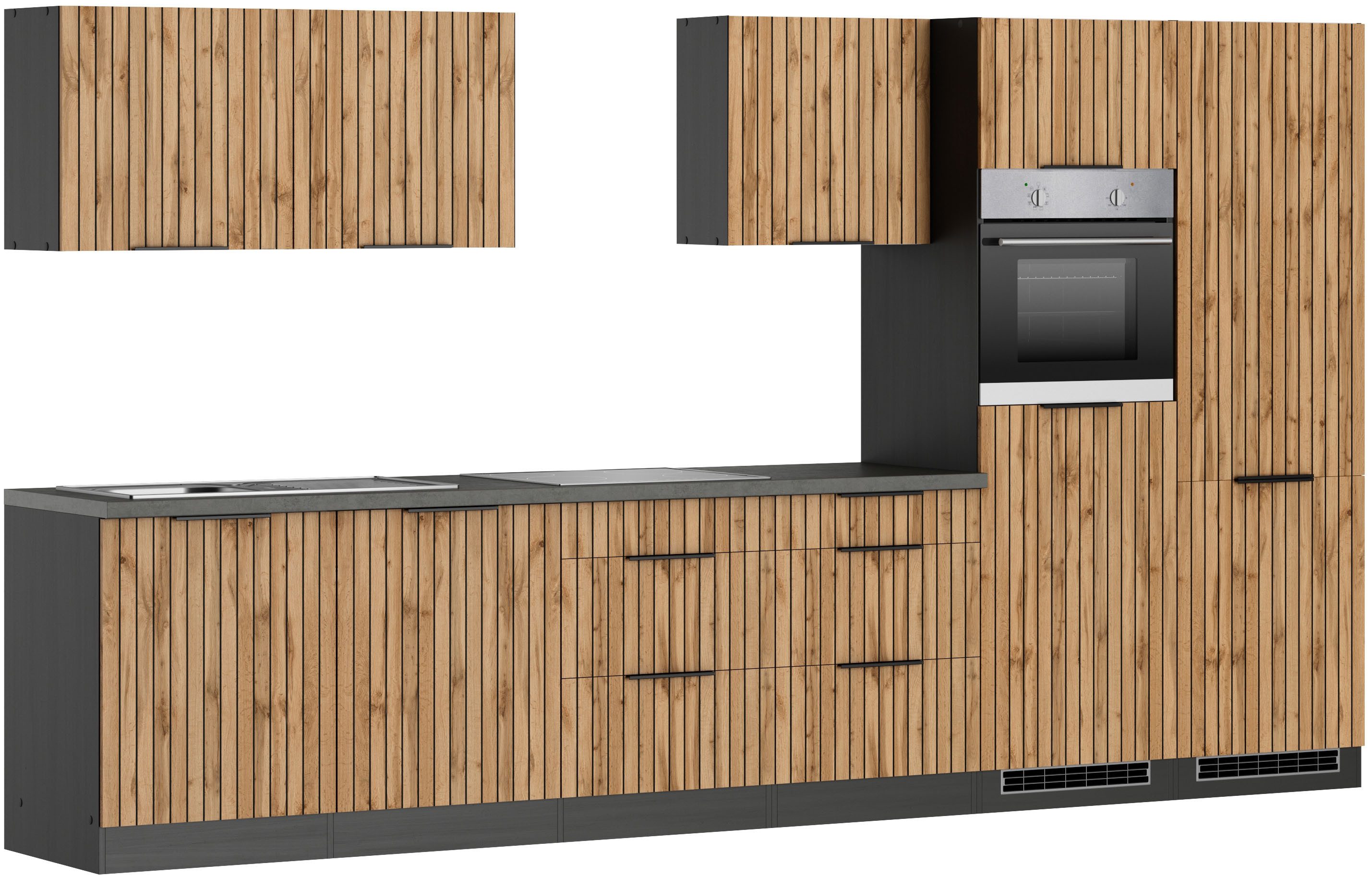 KOCHSTATION Küchenzeile KS-Lagos, Breite 360 cm, wahlweise mit E-Geräten, Ceran-oder Induktionskochfeld, Spüle edelstahl oder schwarz