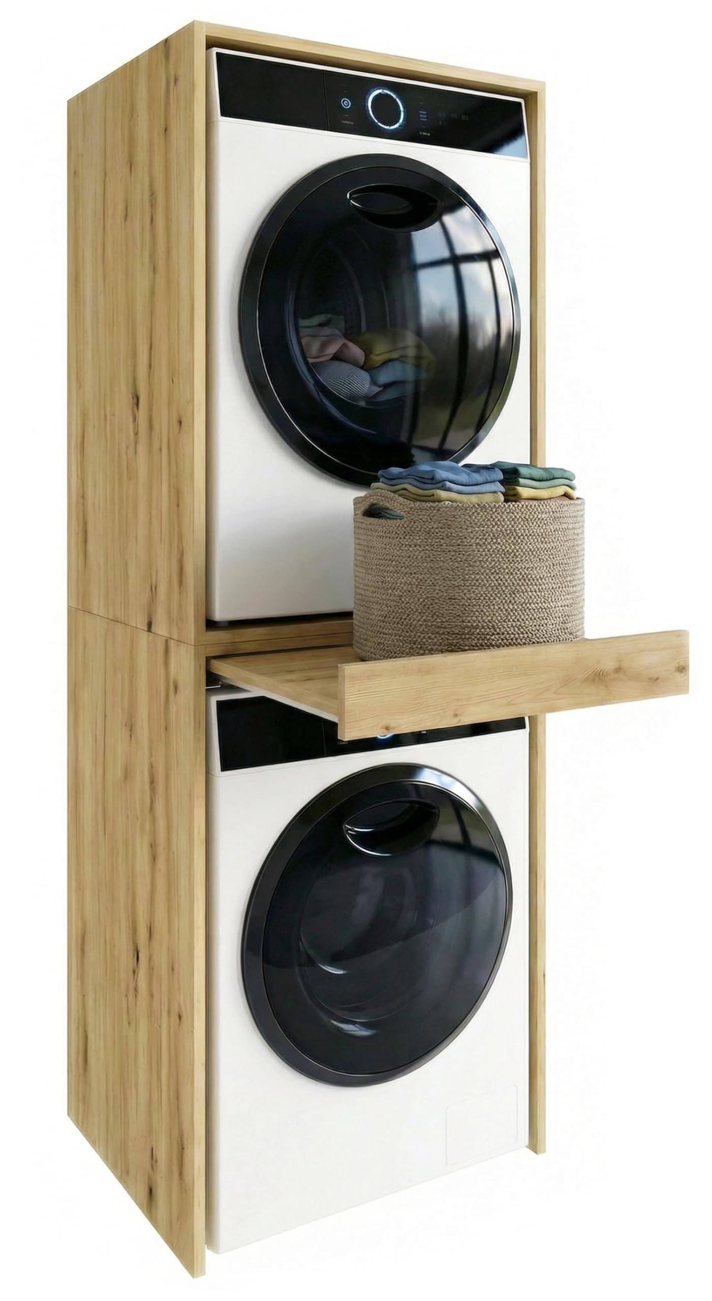 TREND WERK Waschmaschinenumbauschrank 66×64×184 cm - für Waschmaschine & Trockner übereinander (Waschraum Möbel Schrank für Waschküche mit Stauraum) Waschturm für Waschmaschine & Trockner mit Ausziehbrett & Hochschrank