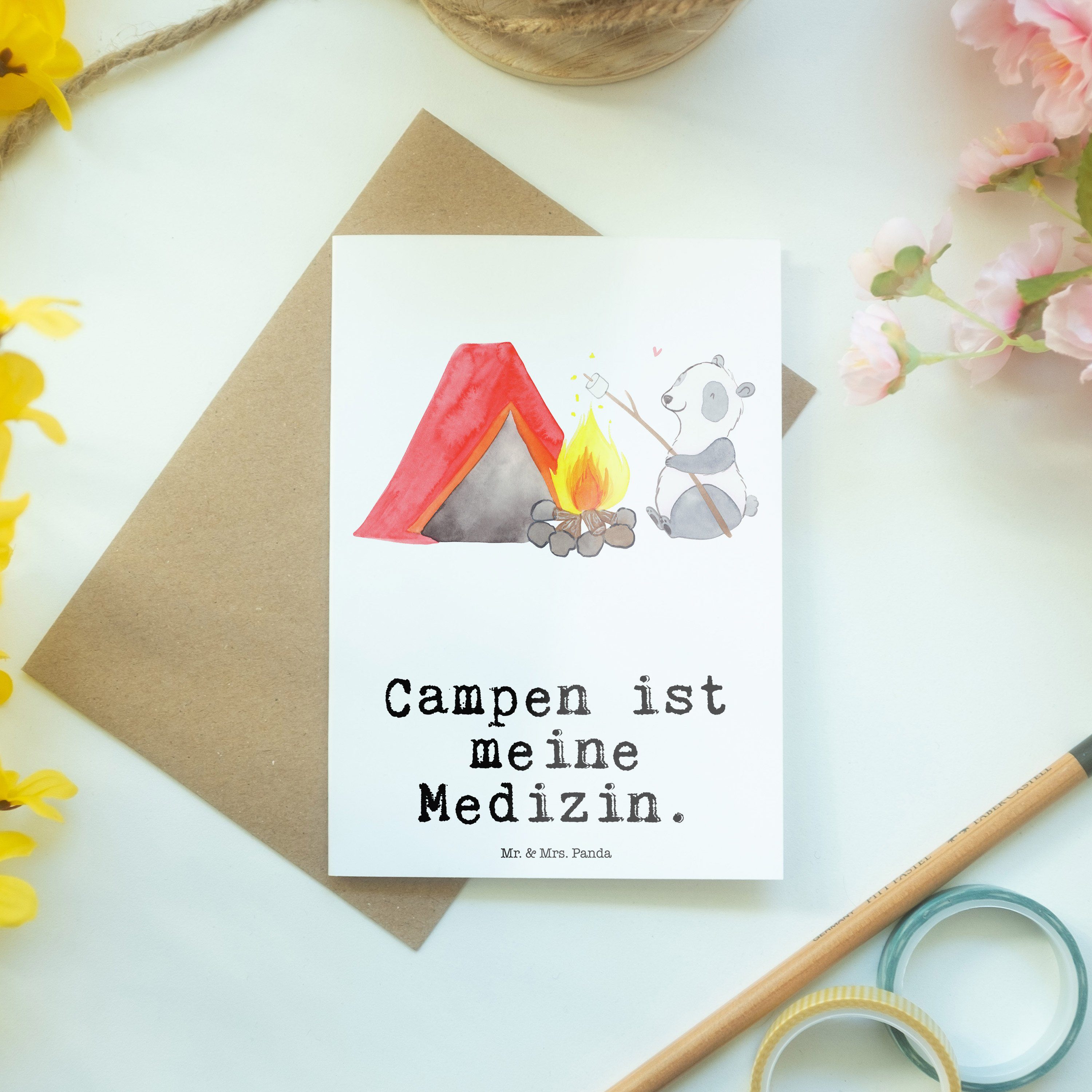 Mr. Panda - Mrs. Ei Grußkarte Weiß Klappkarte, Zelten, Geschenk, Panda Campen & - Medizin Sport,