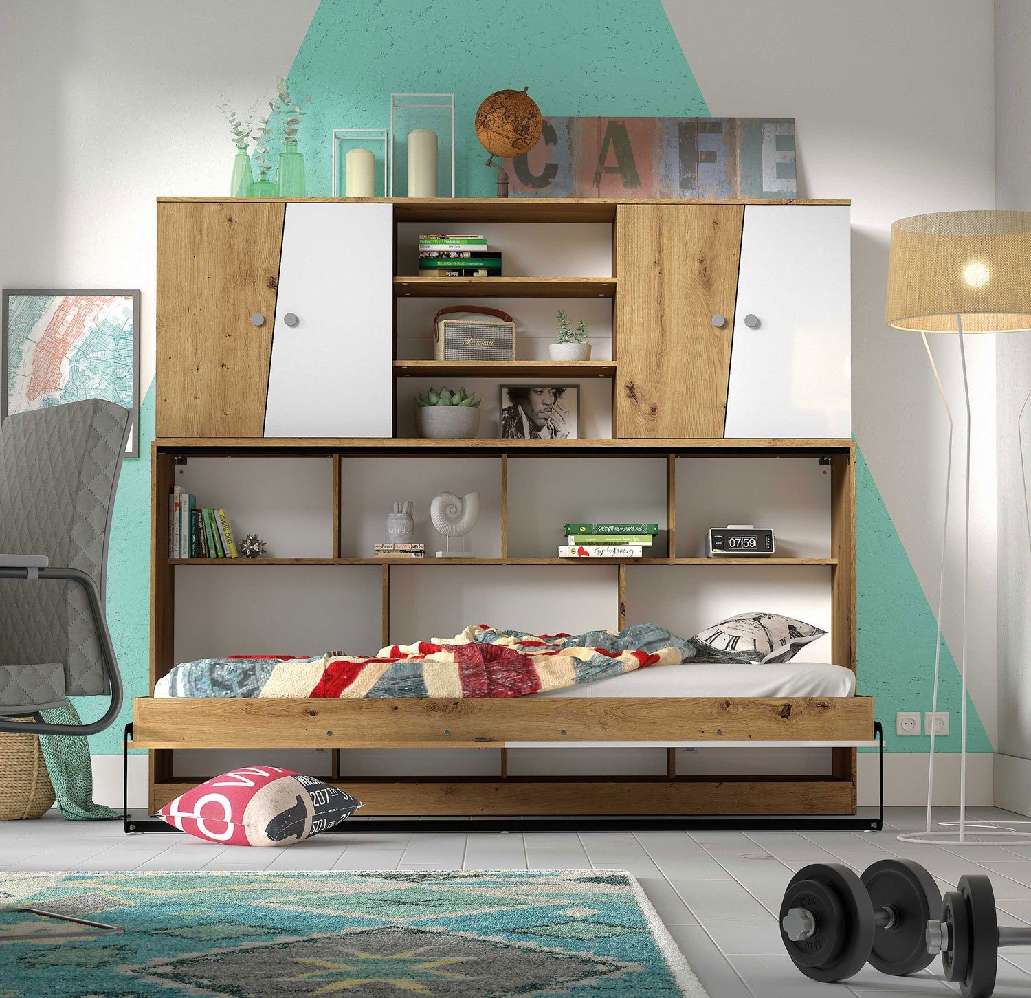 Feldmann-Wohnen Jugendzimmer-Set Nero, (1x Hängeschrank 2-türig mit 3 offenen Fächern, 1x 90x200cm Schrankbett horizontal aufklappbar), 213cm artisan eiche / weiß-grau matt mit grauen Knopfgriffen 2-teilig