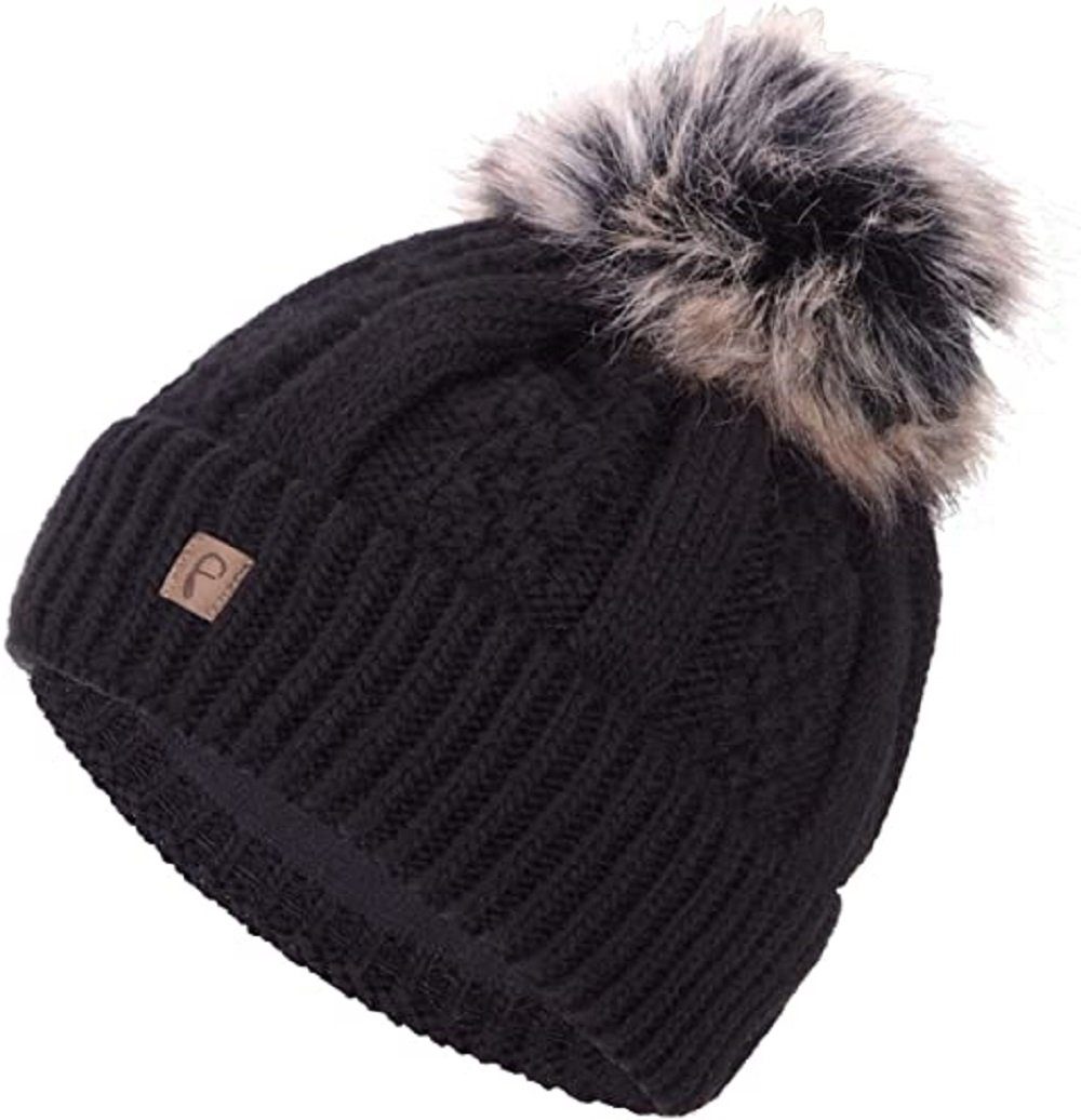 Bommelmütze Wintermütze warm gefüttert Kunstfell Bommel-Mütze Strickmuster Fleece-Futter Winter Strick-Mütze Beanie-Mütze Damen Herren One-Size