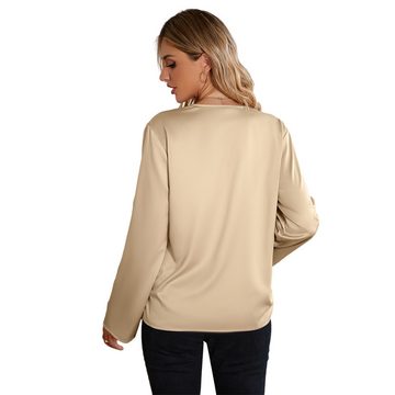 FIDDY Longbluse Damen V-Ausschnitt Lässig Solide Farbe Lose Langarm Top