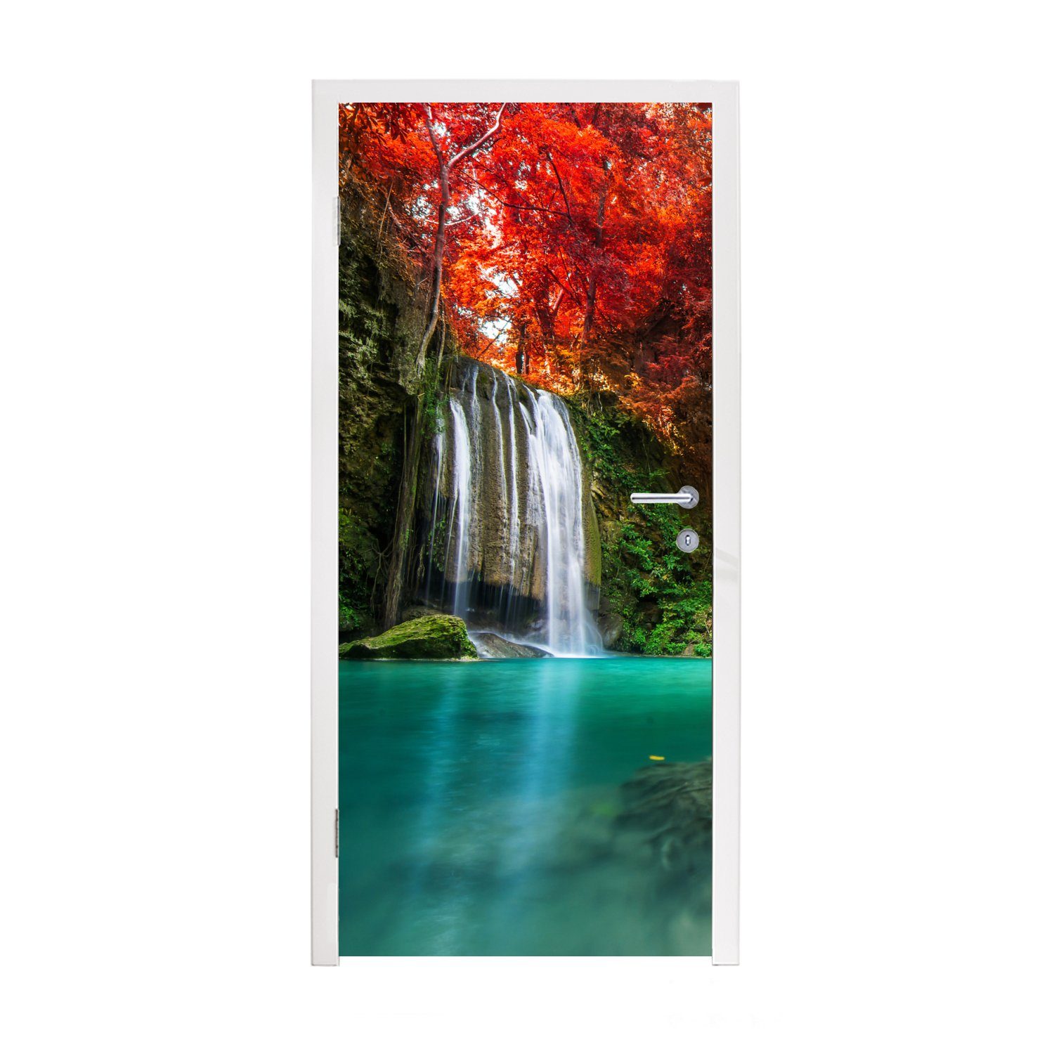 MuchoWow Türtapete Wasserfall - Baum - Rot - Herbst - Wasser, Matt, bedruckt, (1 St), Fototapete für Tür, Türaufkleber, 75x205 cm
