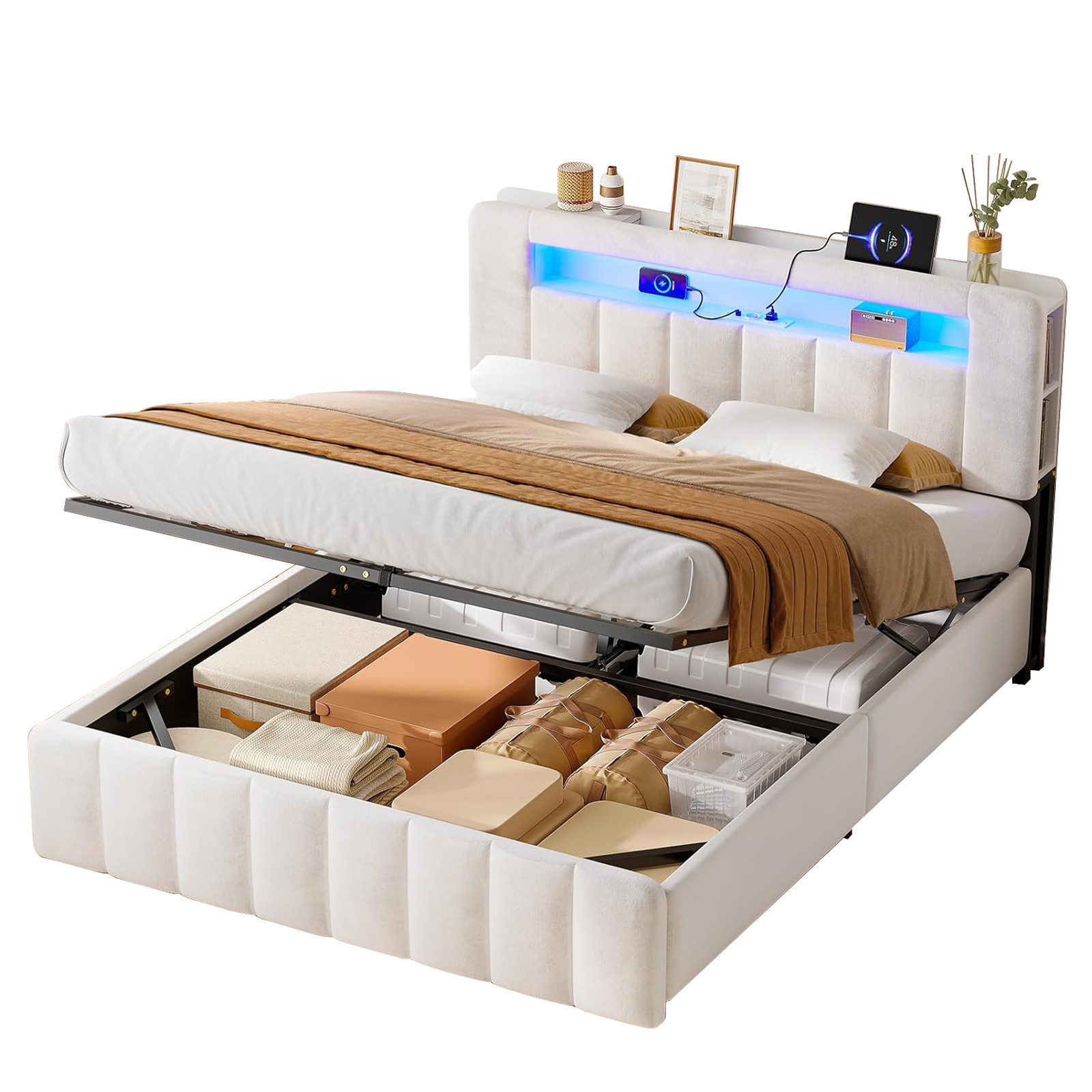 MSMASK Polsterbett Hydraulisches Bett mit LED-Bleuchtung und Ladestation (1 günstig online kaufen