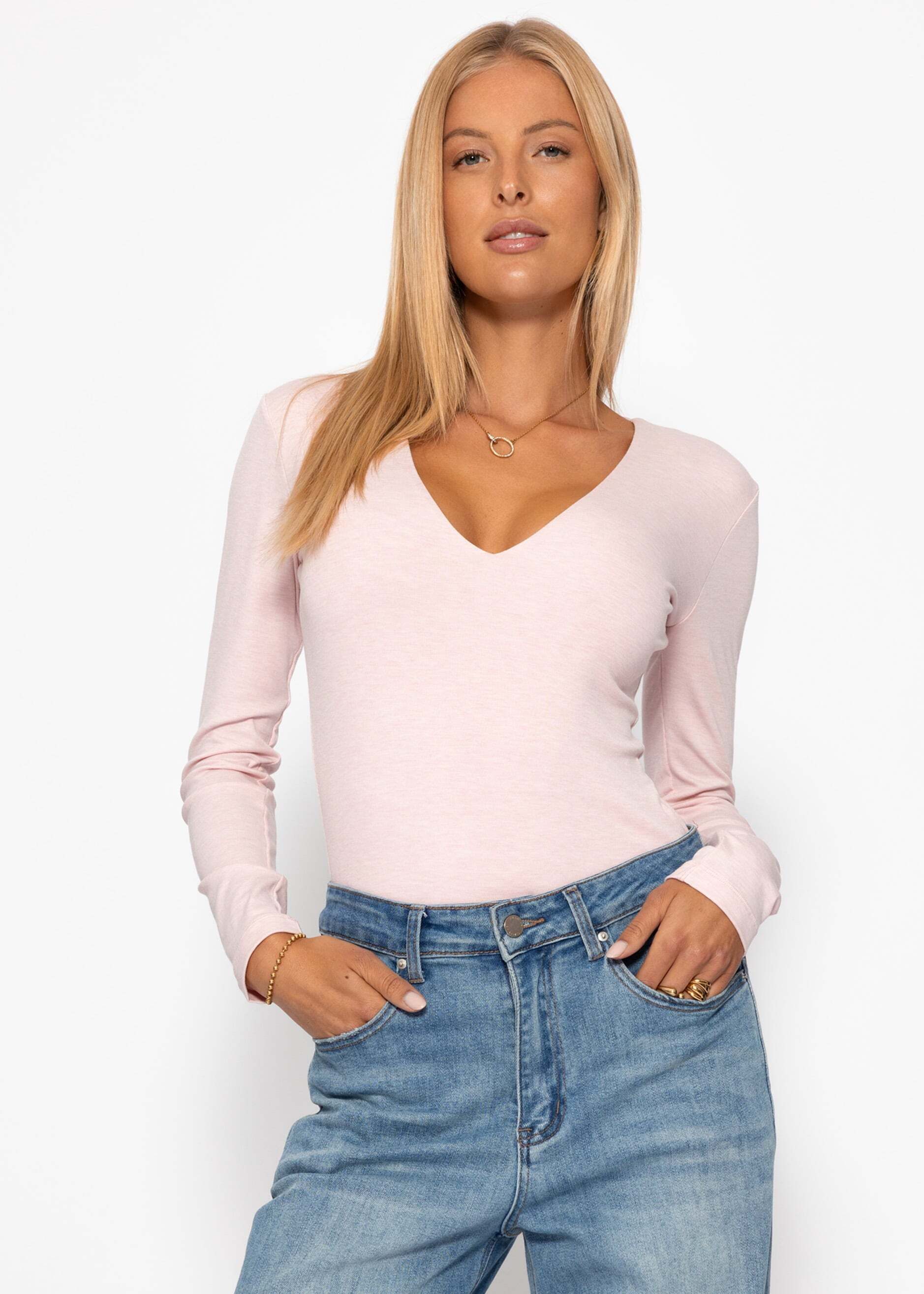 SASSYCLASSY Body Langarm Body mit V-Ausschnitt für Damen Moderner Body in figurbetonter Passform Rosa Schwarz Weiß Beige