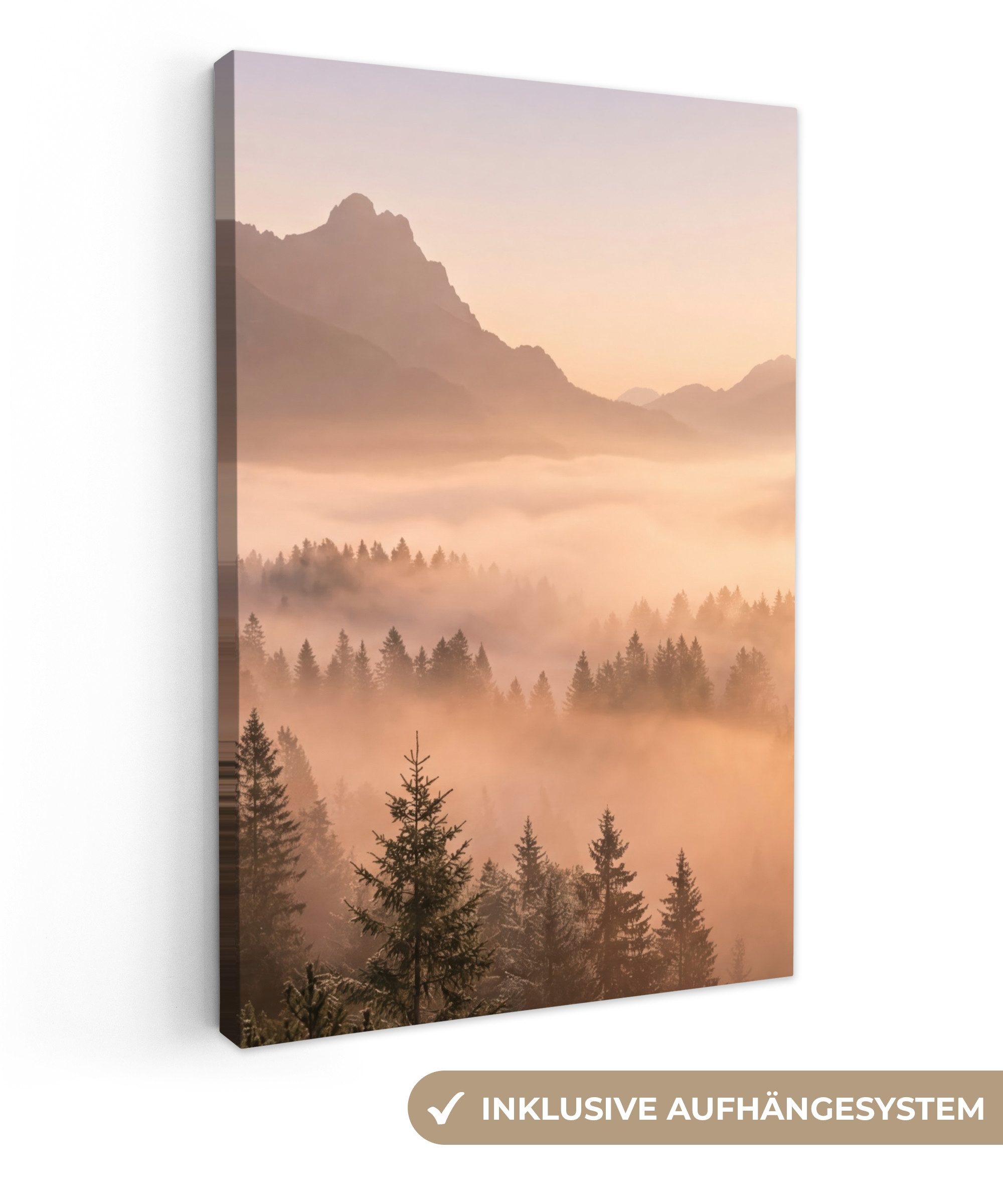 OneMillionCanvasses® Leinwandbild Sonnenlicht - Nebel - Berge - Bäume, Fotodruck (1 St), Leinwand Canvas Wandbild, Wanddekoration 20x30 cm