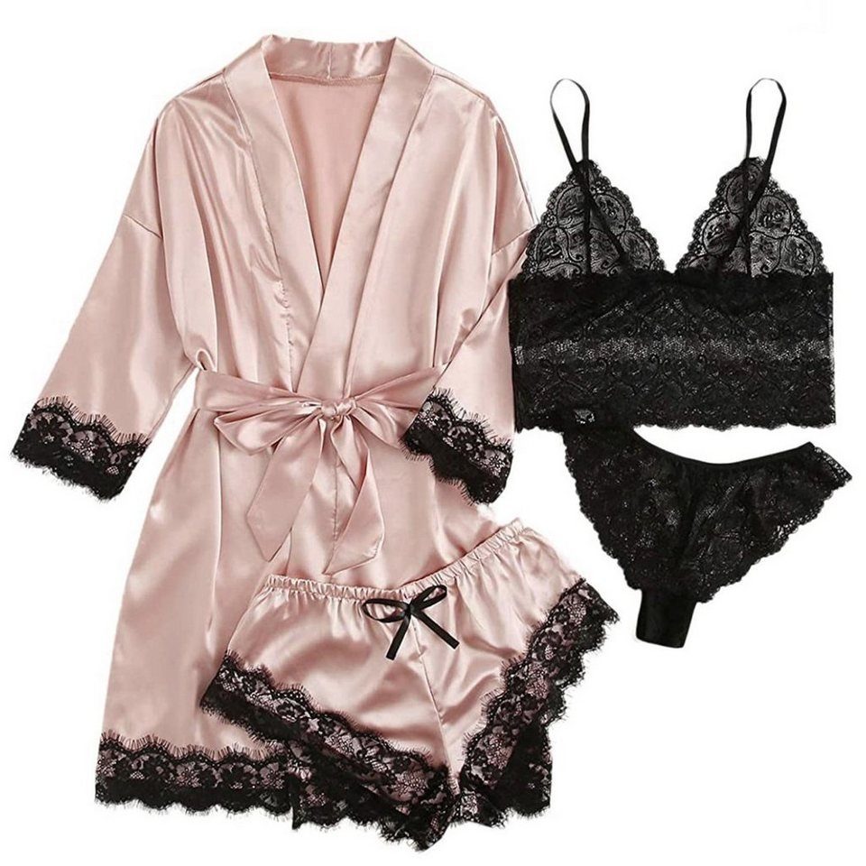 Daisred Pyjama 4 Teiliges Schlafanzüge Sexy Spitze Lace Set für Damen Rosa