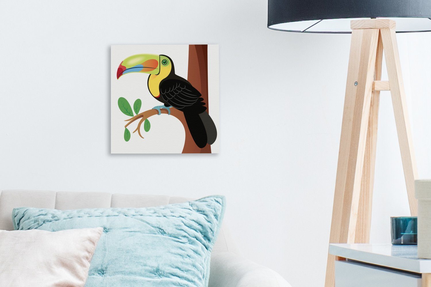 Bilder einem Wohnzimmer (1 St), von Schlafzimmer Leinwand für bunten Vektor-Illustration Tukan, OneMillionCanvasses® Leinwandbild Eine