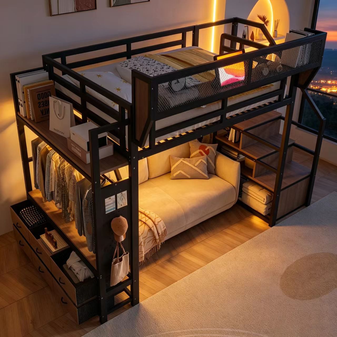 OKWISH Hochbett Jugendbett Metallbett (mit Ablagefach, Kleiderstange, Stoffschublade und abnehmbarem Ablagekorb, mit LED-Beleuchtung, 140x200 cm Stauraumbett) ohne Matratze