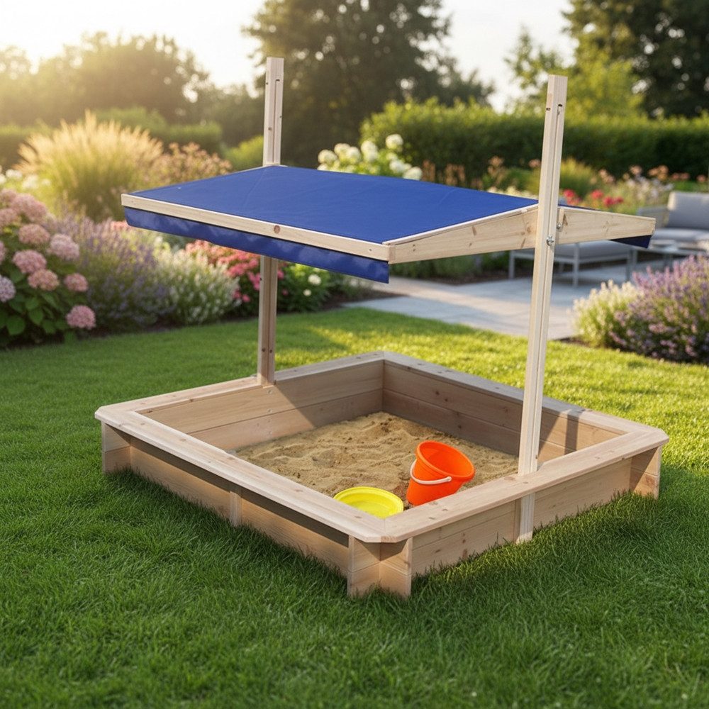 Feel2Home Sandkasten Sandkasten Blau Buddelkiste Holz Dachabdeckung Spielhaus Sonnenschutz, Mit verstellbarem Sonnendach