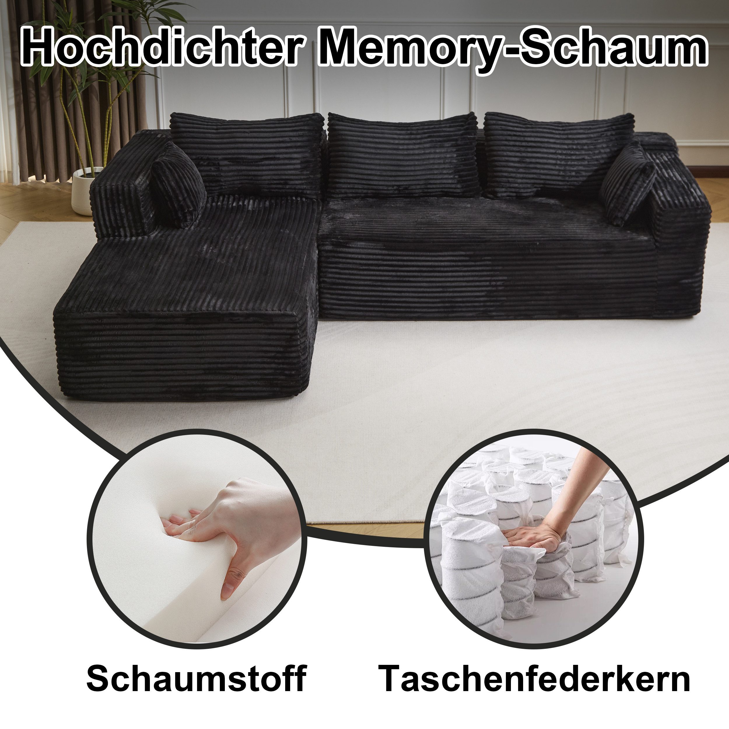 Vankel Ecksofa Modernes Samtcord Schlafsofa, Sofa klein L-Form Couch, 3-Sitzer Ecksofa, Zweisitzer+Chaiselongue, kleine Wohnlandschaft