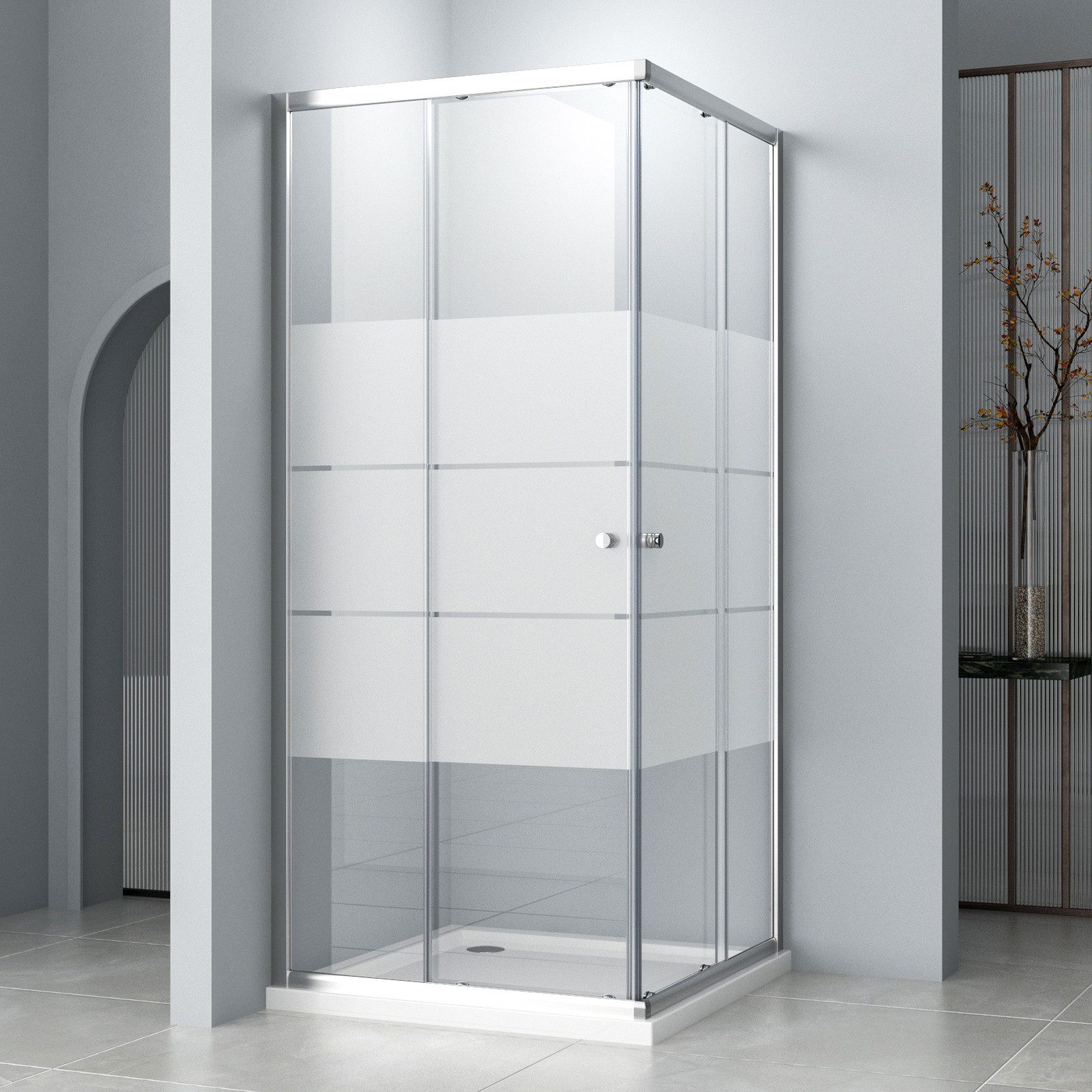 Hopibath Eckdusche Duschkabine milchglas H:185cm, BxT: 80x80 cm, 5mm Sicherheitsglas, Eckeinstieg Schiebetür, mit Alurahmen, Magnetdichtleisten, Aluprofile mit 20mm Verstellbereich