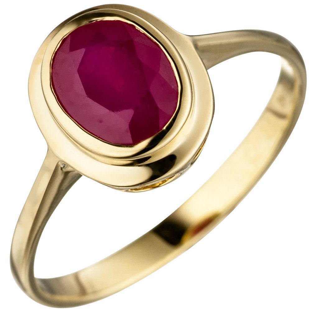 Schmuck Krone Fingerring Ring Damenring mit echtem Rubin oval rot 585 Gold  Gelbgold Rubinring Goldring, Gold 585