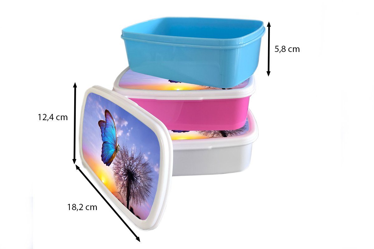 Brotdose, - Mädchen - Jungs für Kunststoff, Lunchbox Schmetterling Sonnenuntergang (2-tlg), für Erwachsene, Kinder Blau, Brotbox und weiß Löwenzahn - MuchoWow und
