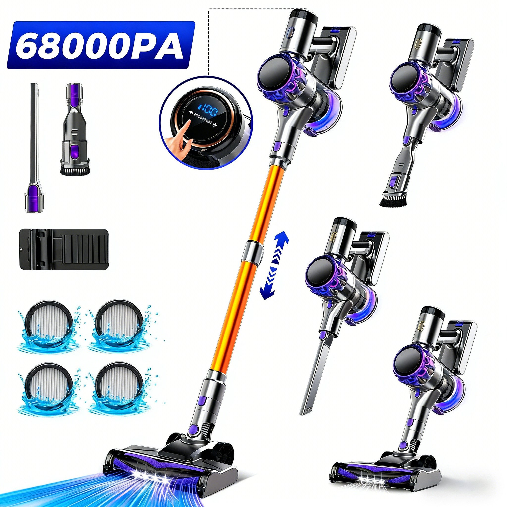 VacniQ Akku-Hand-und Stielstaubsauger Akku Staubsauger Kabellos 68Kpa 55min Laufzeit, 65dB,für Tierhaare, 300 W, beutellos, 6-fach Hochleistungsfilter, Zubehör inklusive