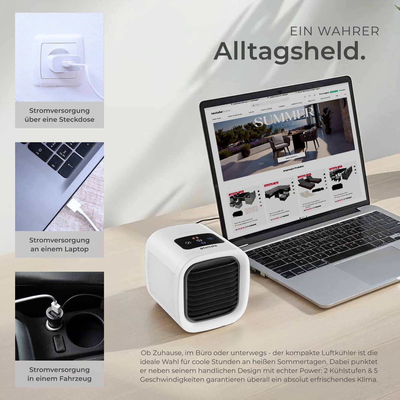 tectake Tischventilator 3in1 Luftkühler Frosty in weiß, Wassertank 250 ml, inkl. USB-Kabel, 5 Geschwindigkeits- und 2 Kühlstufen, Touch-Bedienfeld