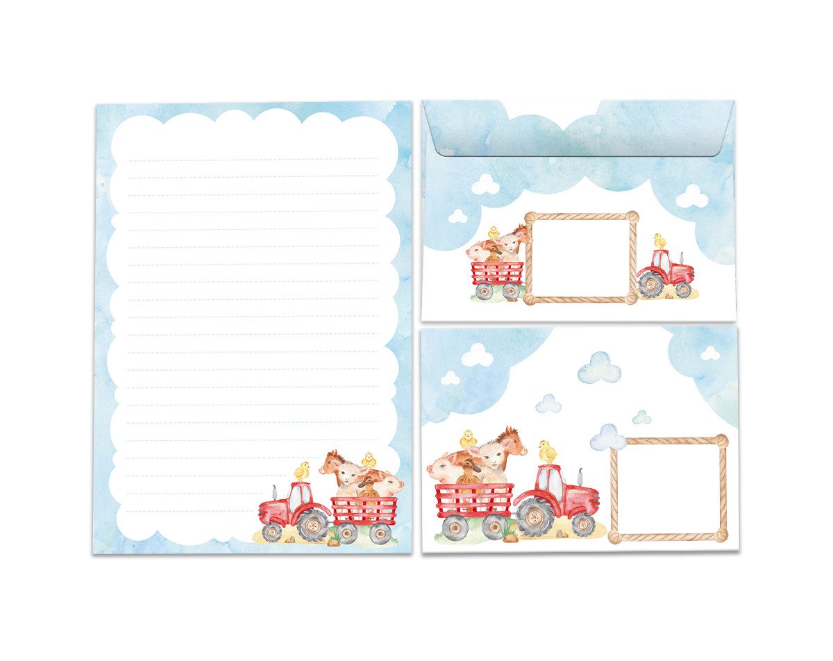 JUNAPACK Briefpapier Set Kinder Briefblock A5 mit Umschlägen Notizblock Papier Bauernhof, Kinder-Briefpapier A5 mit 15 Umschlägen, liniert & leicht beschreibbar