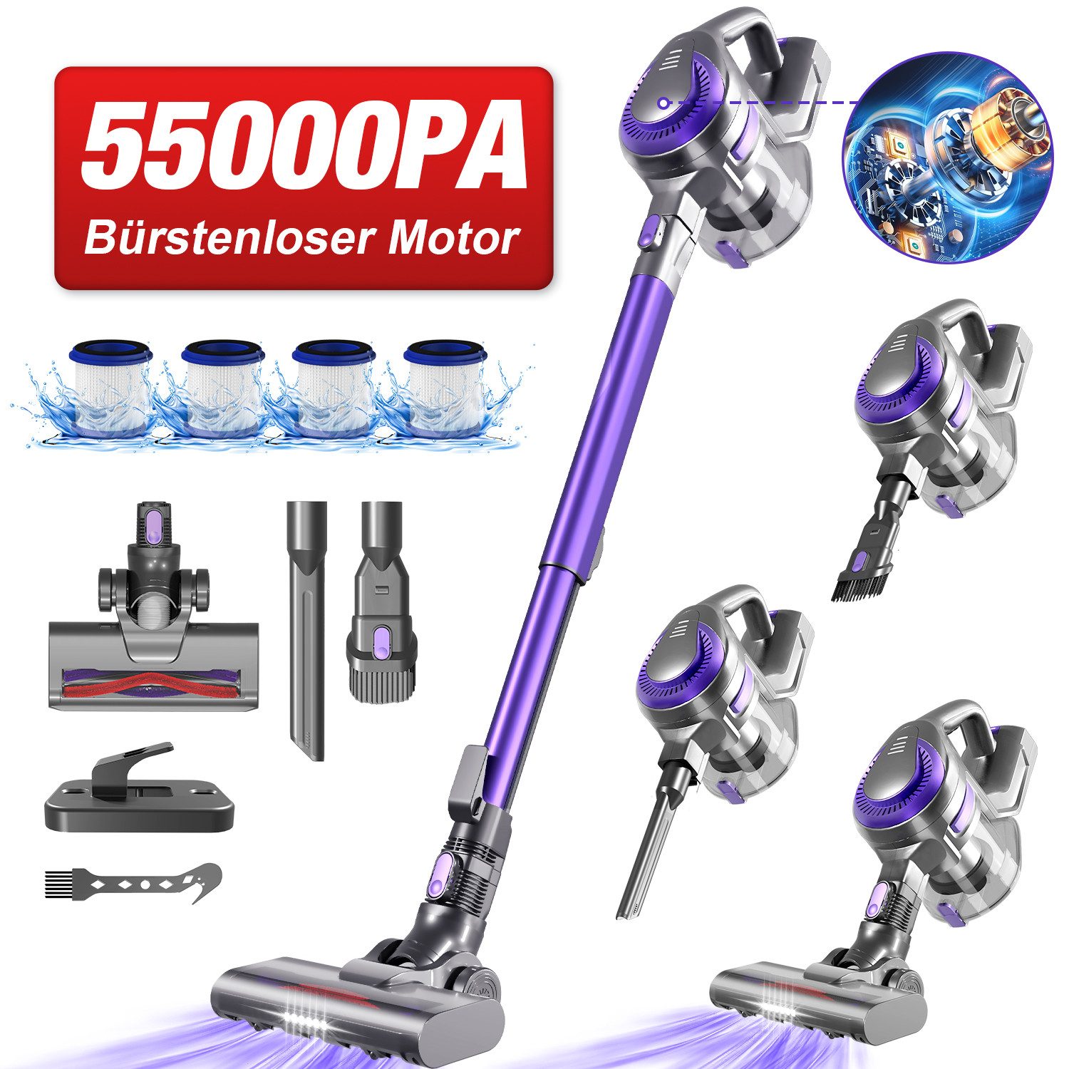 Adormii Akku-Hand-und Stielstaubsauger Akku Staubsauger, 55000Pa/450W/55Min Staubsauger Kabellos, HEPA*4, 450 W, Anti-Tangle-Bürste, 5-in-1 Cordless Vacuum Cleaner, Akkustaubsauger für Tierhaare, Hartböden, Teppiche, 5-in-1 Staubsauger für Tierhaare,Hartböden,Teppiche