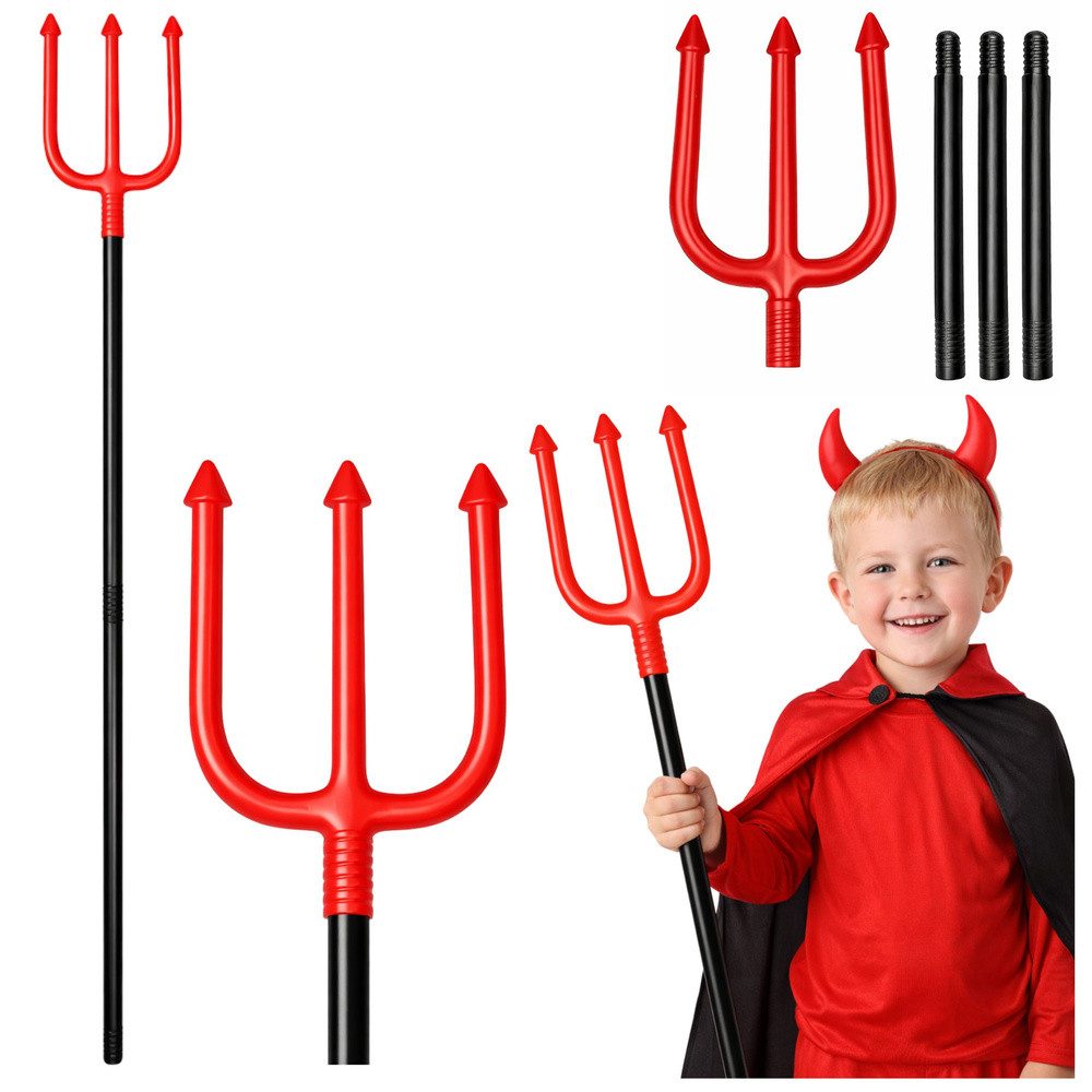 LEAN TOYS Teufel-Kostüm Teufelsgabel Dreizack Kostümzubehör, 4-teilig, 112 cm, längenanpassbar, Kunststoff
