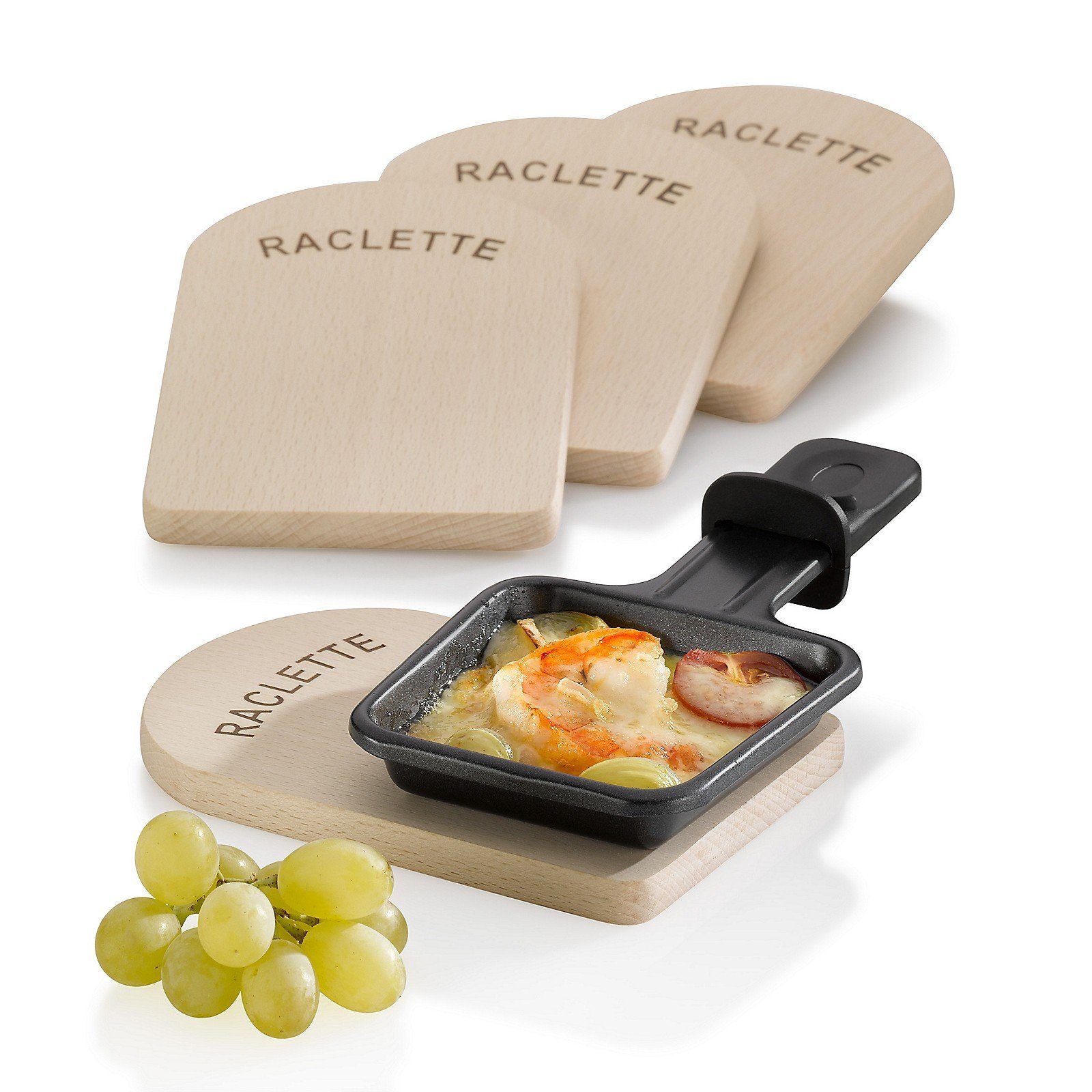 kela Raclette Baar, 4 Raclettepfännchen, Untersetzer Raclettepfännchen 4-tlg, Buche FSC zertifiziert,14x9,5x1cm