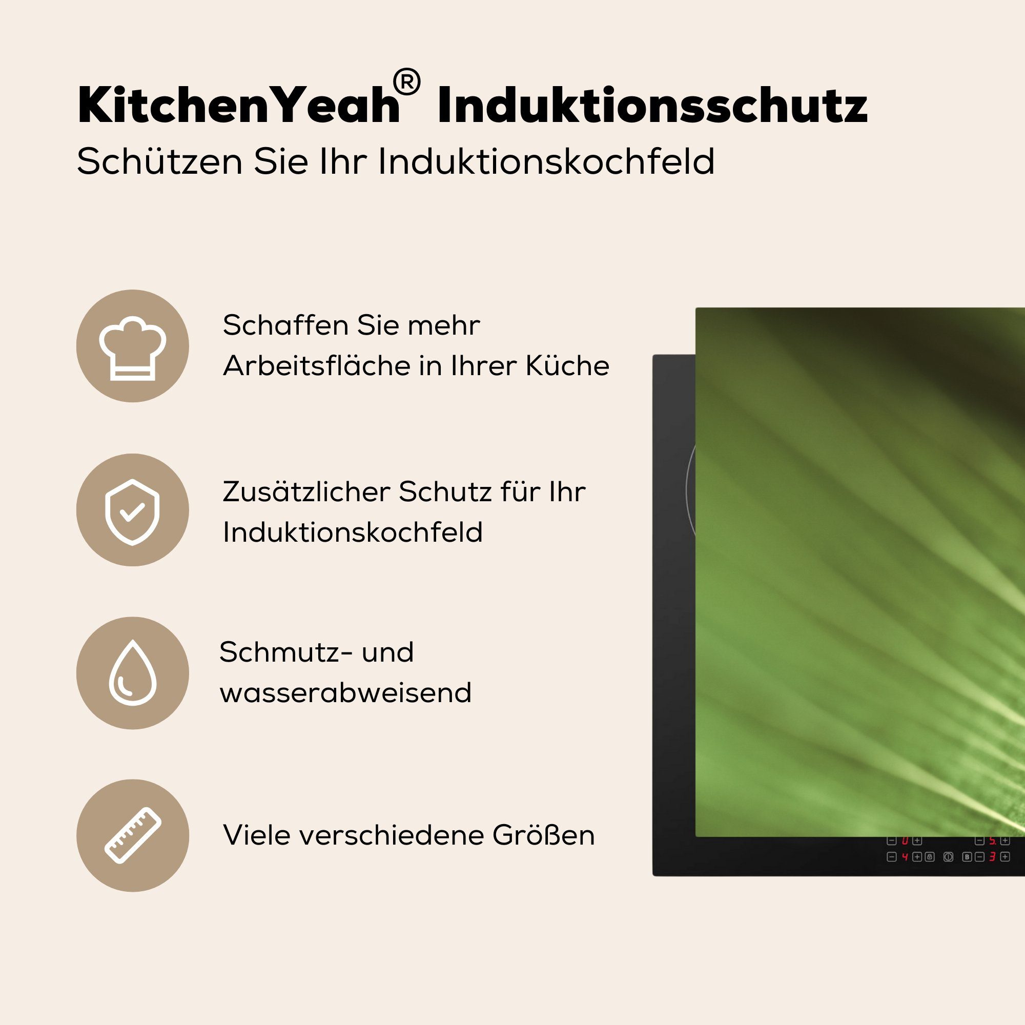 MuchoWow Herdblende-/Abdeckplatte Makroaufnahme eines grünen 81x52 cm, Vinyl, (1 Induktionskochfeld botanischen tlg), Ceranfeldabdeckung für Schutz die küche, Blattes